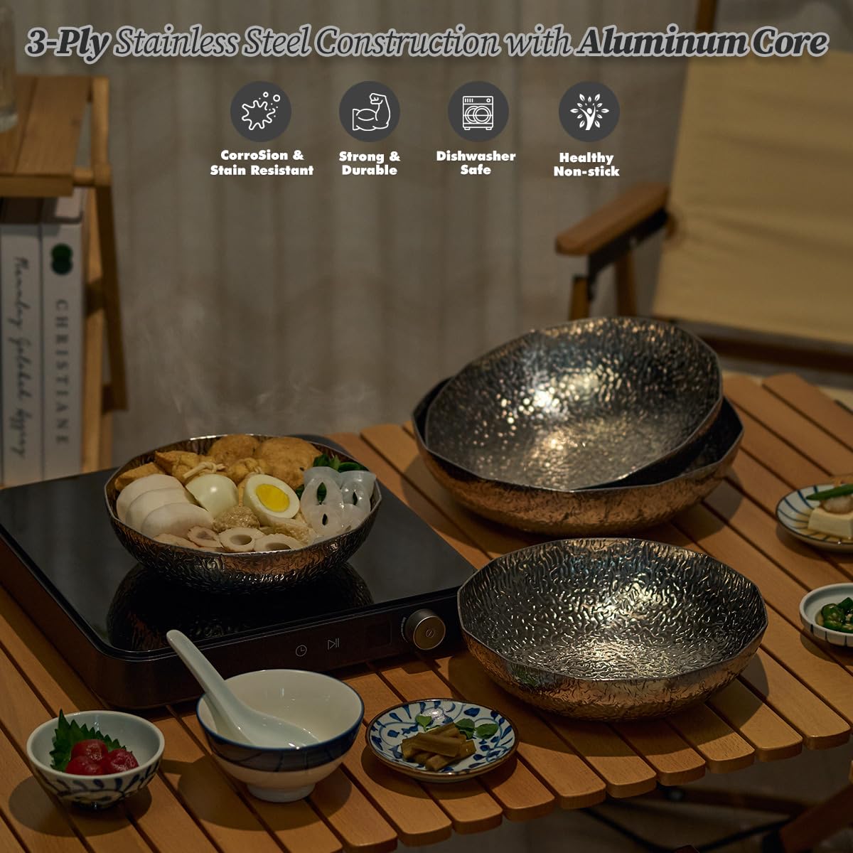 WAGENSTEIGER Plato multifuncional de acero inoxidable, sartenes para bufé y catering, cuenco de frutas y dulces, cuenco de cocina para ramen, sartén Sukiyaki de 3 capas con núcleo de aluminio (8.66