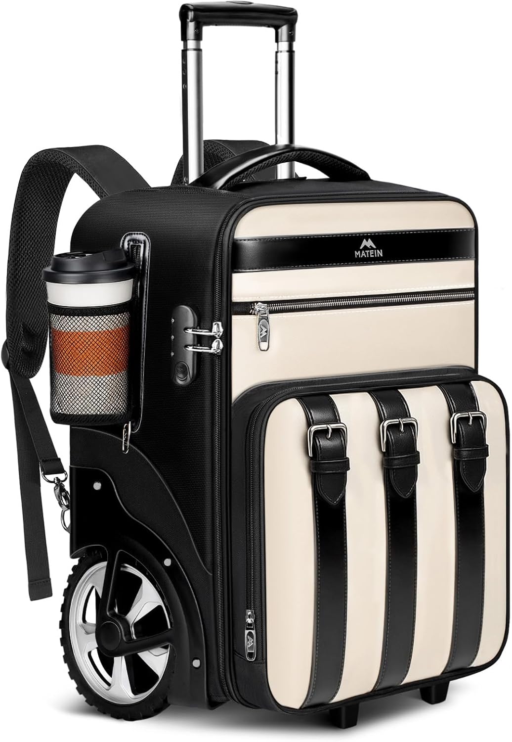 MATEIN 2 In 1 Rolling Backpack for Women with Shoulder Strap, Flight Approved Luggage Travel Backpack with Large Wheels, Anti Theft Big 17 inch Roller Suitcase Laptop Bag with USB Port, Black White