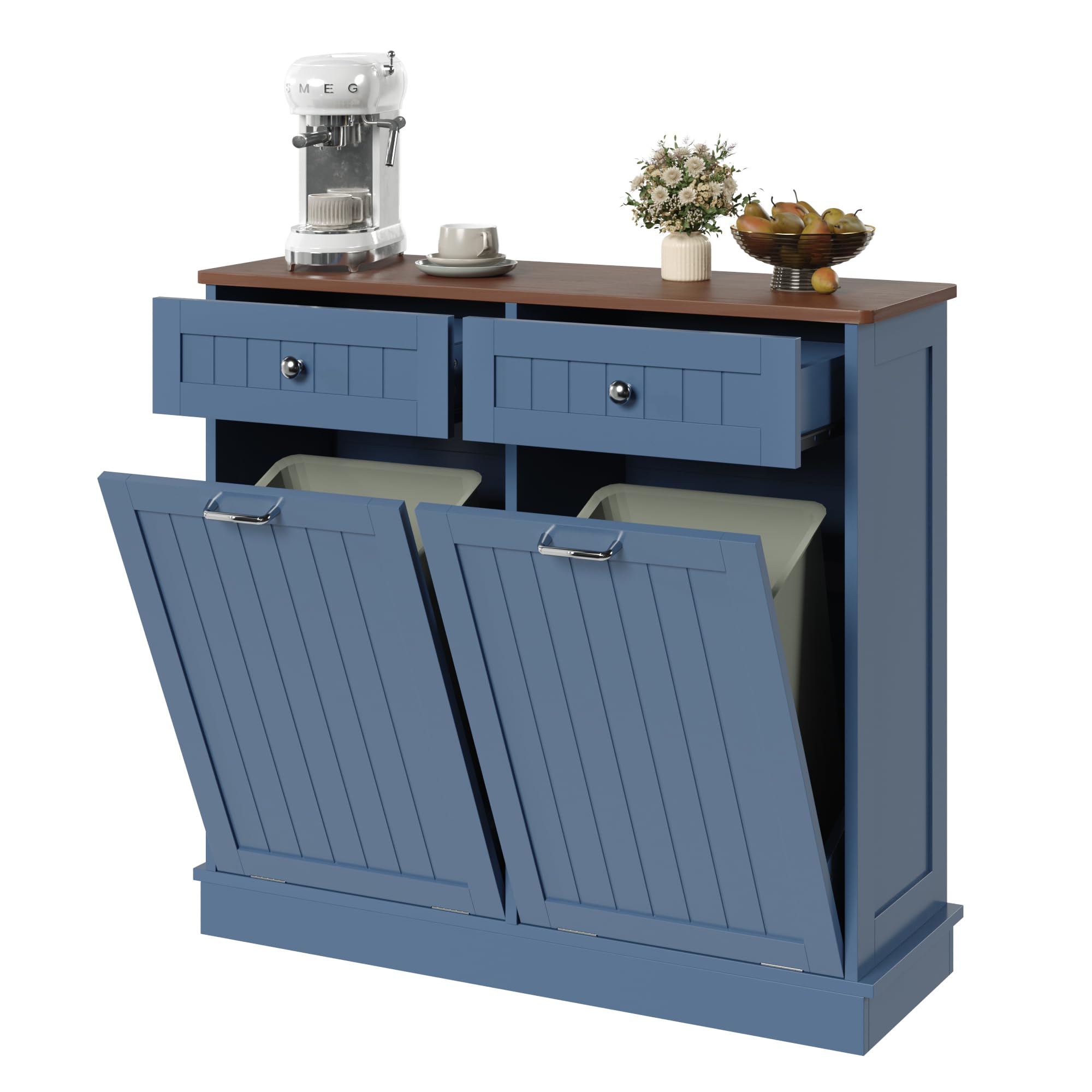 kigoty double tilt out trash cabinet, pet proof trash can cabinet with countertop and drawer, trash cabinets with storage,wooden laundry hamper for kitchen,blue