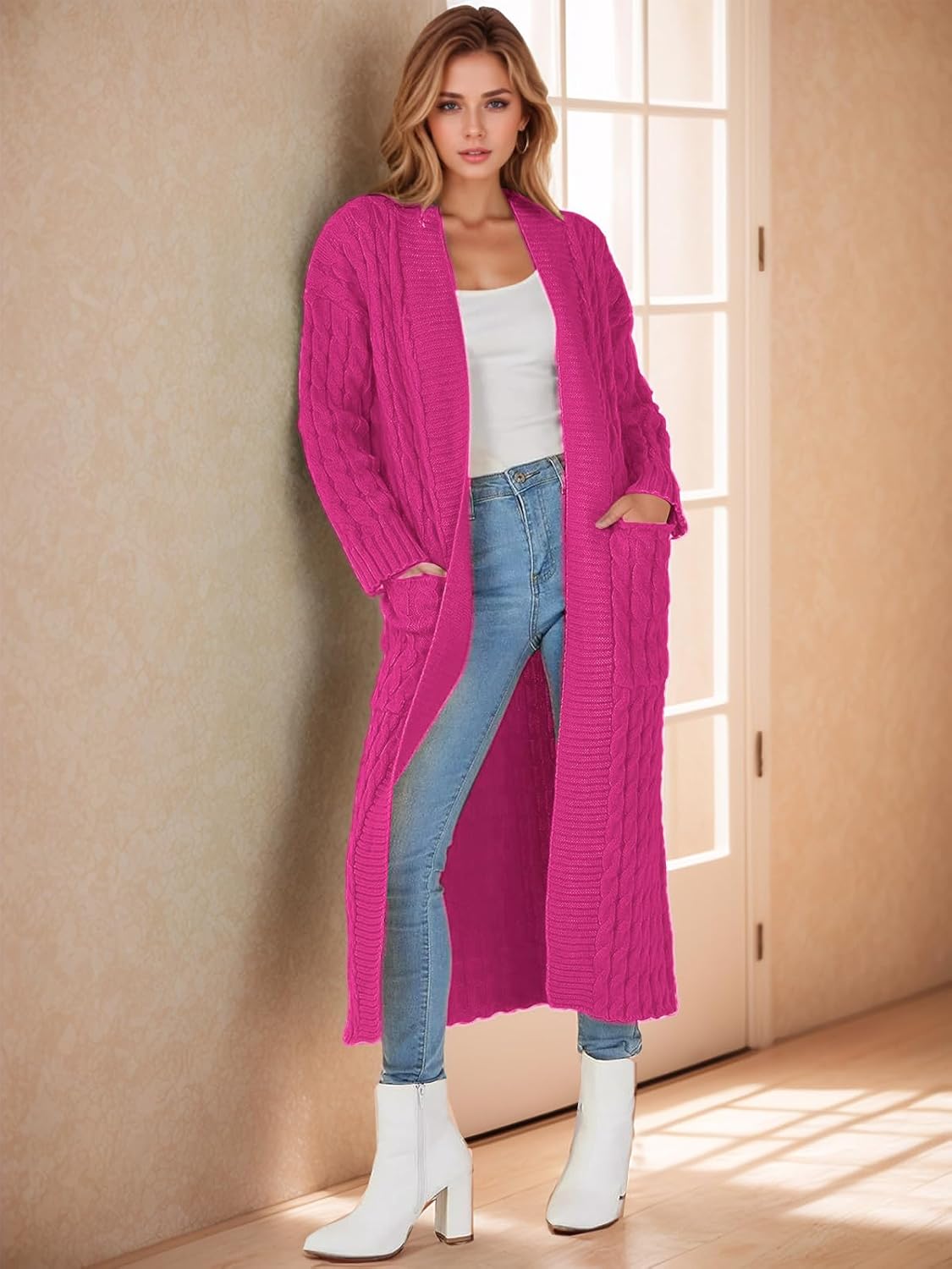 Long Cardigan Sweaters for Women 2026 Spring Fall Open Front Long Sleeve Clable Knit Sweater Coat with Pockets - Image 2