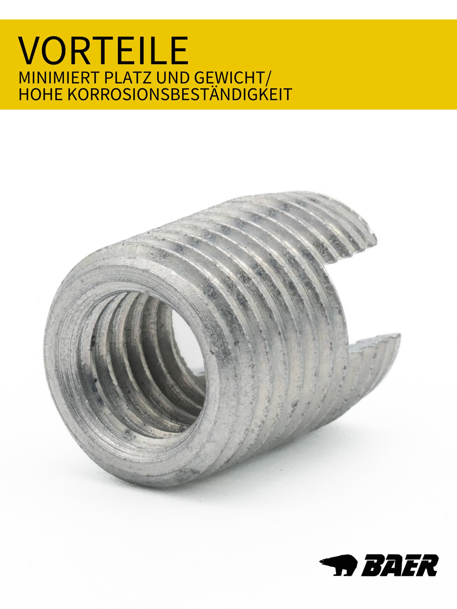 BaerFix Gewindeeinsätze mit Schneidschlitzen 100 Stück - selbstschneidend - Gewindereparatur beschädigter oder abgenutzter Gewinde - sehr hohe Auszugsfestigkeit (100, M 6 x 1,0-14 mm)
