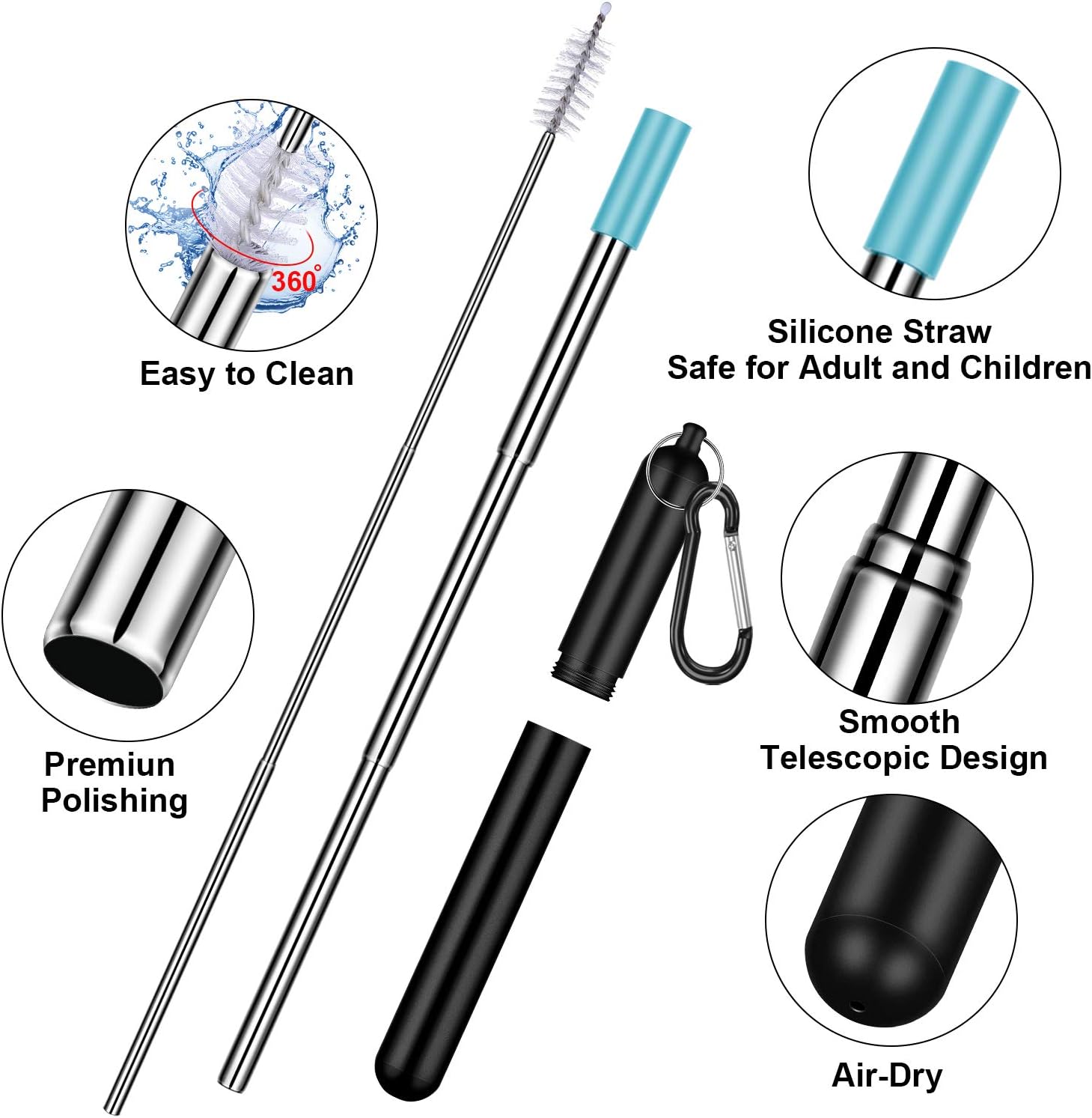 Amazing 🔥 Reusable Straws Collapsible Stainless Steel, 2 Pack Portable Telescopic Metal Drinking Straws with Case, Aluminum Key-chain, Cleaning Brushes for Home Work Travel (Black & Azurepurple)