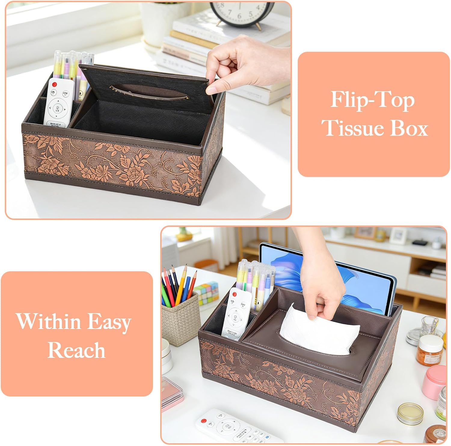 SAYEEC Leather Tissue Box Cover Rectangular Tissue Box Holder Retro Napkin Dispenser Facial Tissues Organizer Multifunctional Storage Box Caddy for Bathroom Toilet Bedroom Living Room Office Table Car