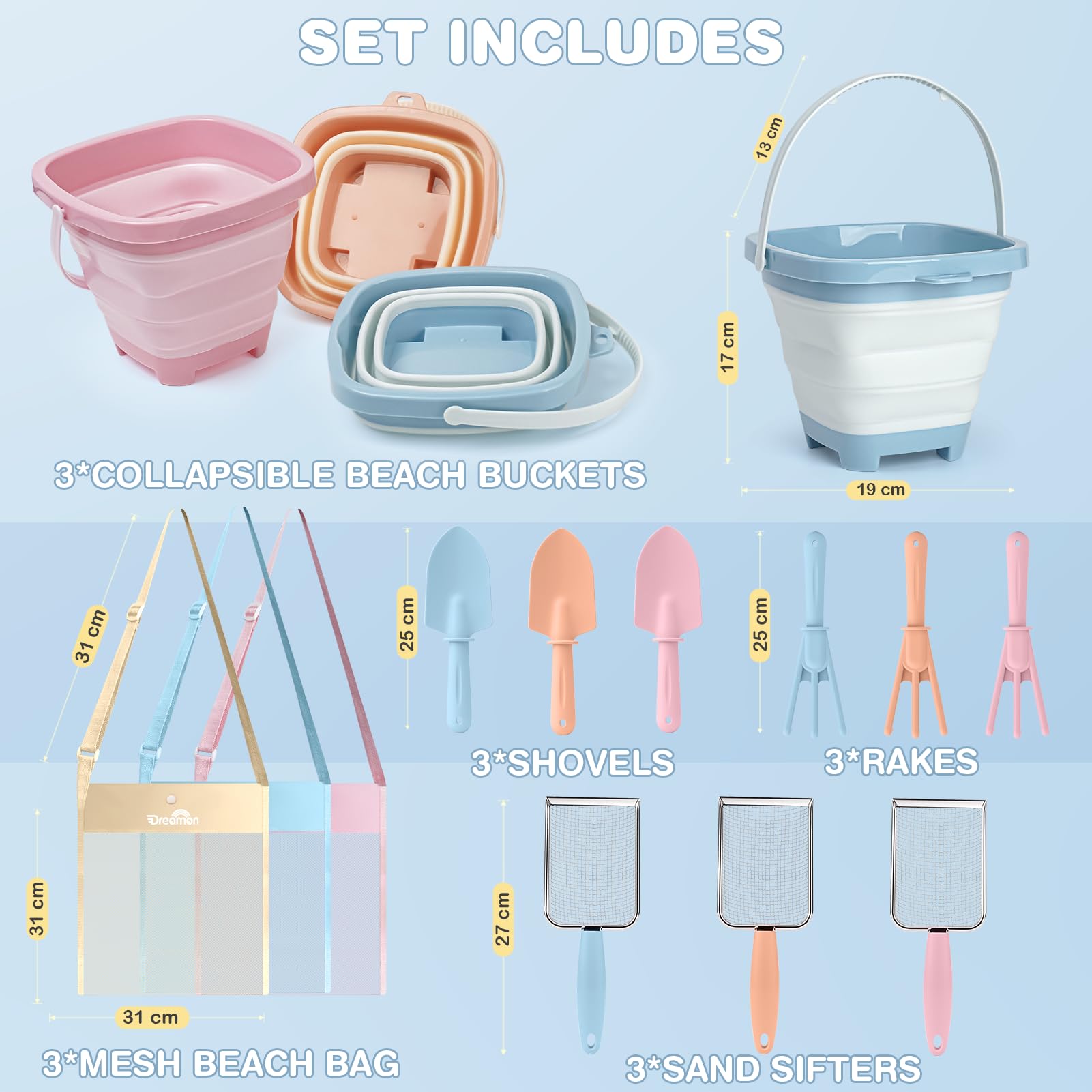 Dreamon Beach Sand Toys 3 Set Collapsible Bucket and Spade Beach Set Kids with Sand Sifters Beach Shovel Rakes Seashell Bag Outdoor Toys for Children Toddlers 3 4 5 Years Old - Image 2