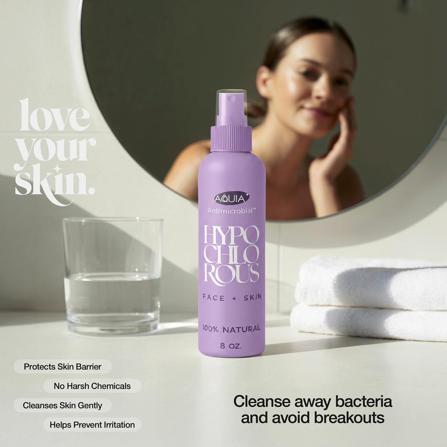 Aquia Hypochlorous Acid Spray for Face and Skin; Facial Cleanser | 8oz Face Mist Hypochlorous Acid Spray for Skin, Acne, Rash, Eczema, Wound | Antimicrobial Facial Cleanser Acne Sprays; Purple 8oz