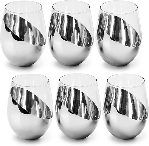 MyGift Juego de 6 copas de vino modernas sin tallo, copas de vino blanco o tinto con fondo metálico plateado en ángulo