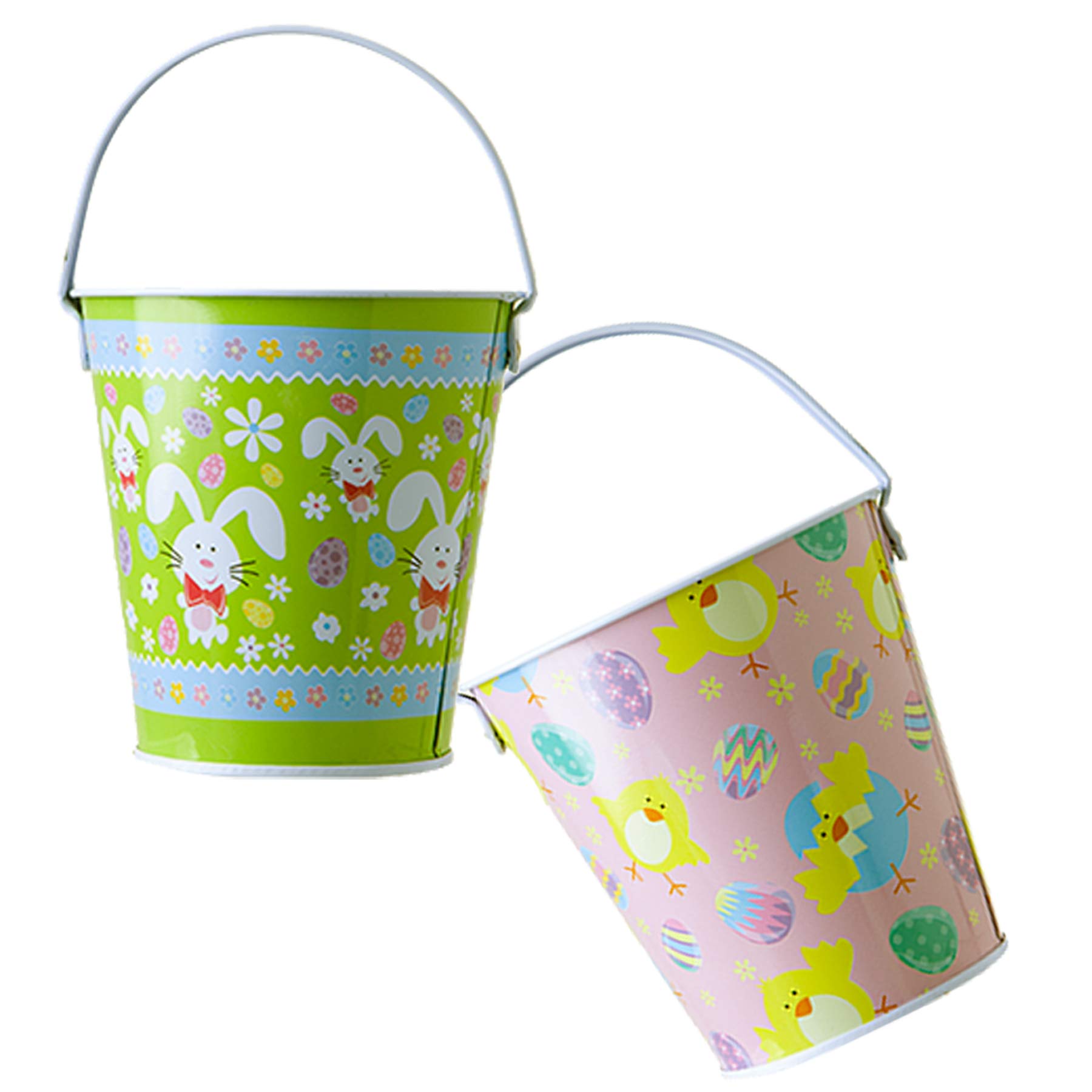 Widdle Gifts Multicolour Easter Baskets, Buckets, Accessories - Set Of 2 Mini Metal Buckets Bunny/Chick 8409