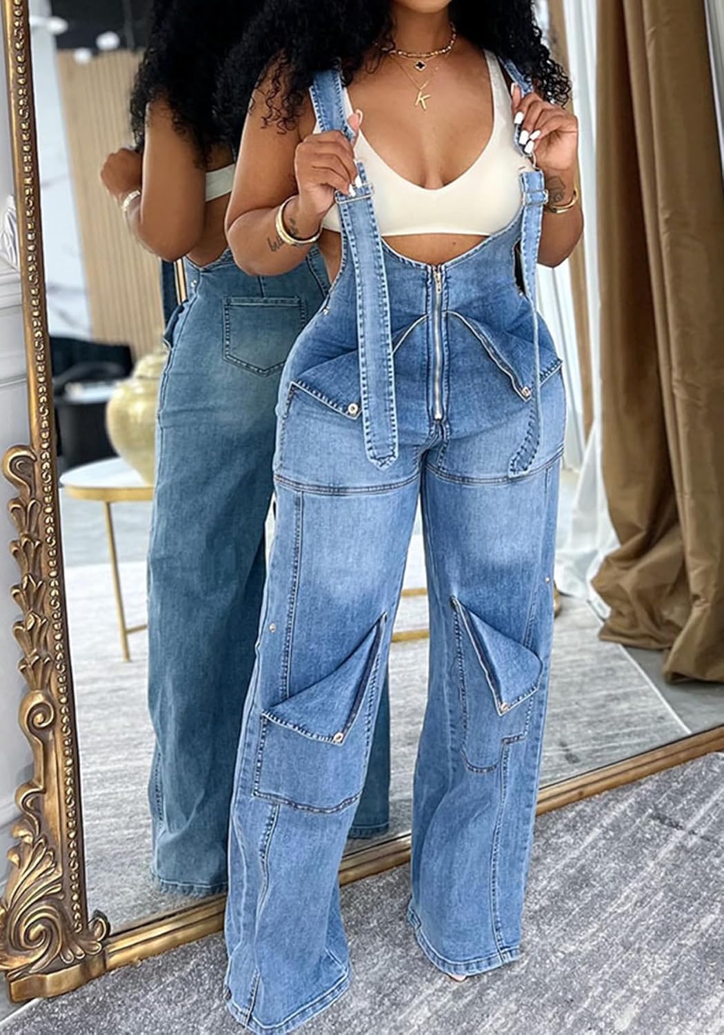 SHINFY Women's Denim Overalls Y2K Straight Wide Leg Bib Overalls Adjustable Strap Cargo Jumpsuits Jean Romper - Image 2