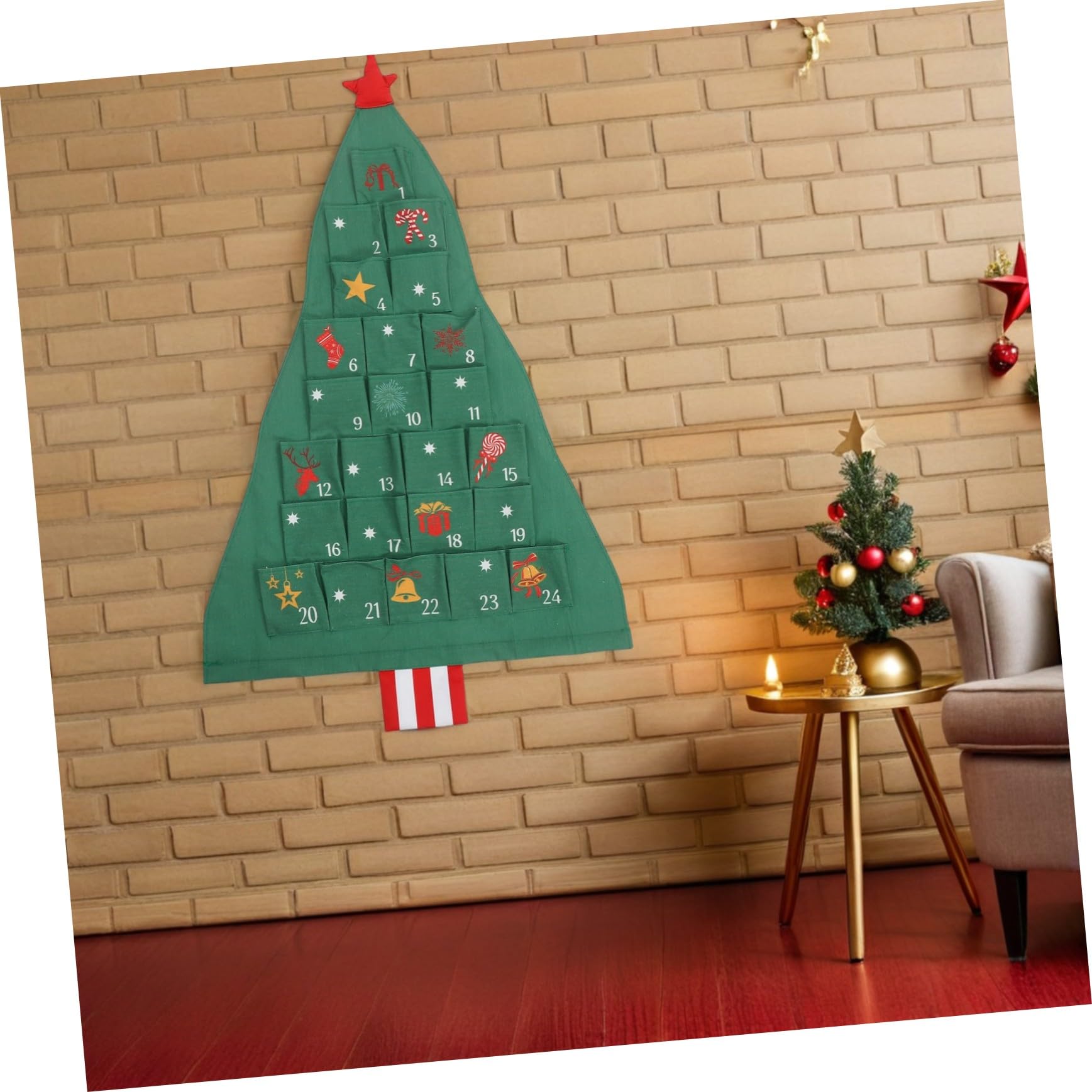 Weihnachtlicher Adventskalender zum Hängen Grün Wiederverwendbar DIY Kalender mit Aufbewahrungstasche Weihnachtsbaum-design für Xmas Partydeko und Schokoladenzählung