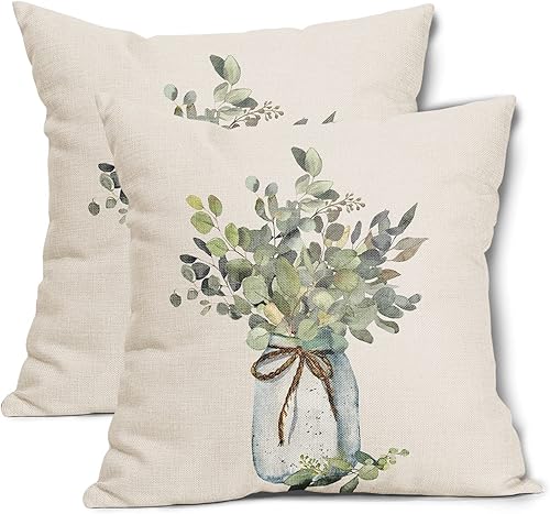 aportt Juego de 2 fundas de almohada de hojas de eucalipto verdes de 18 x 18 pulgadas, para primavera y verano, para sofá, estilo granja, acuarela,