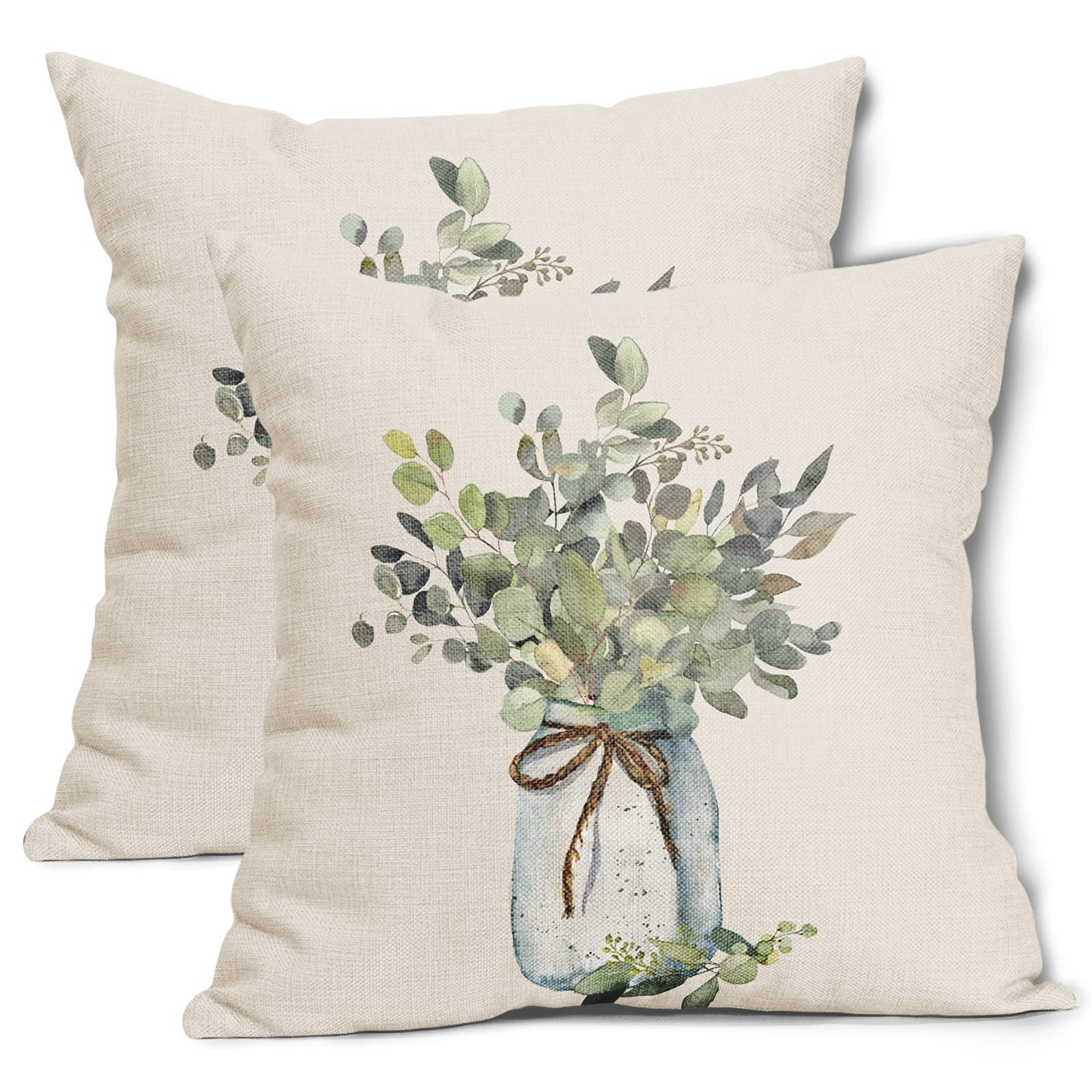 aportt Green Eucalyptus Leaves Pillow Covers 18X18 Inch Spring Summer Farmhouse Couch Pillow Cases Watercolor Leaf Throw Pillows Set of 2 Home Decor