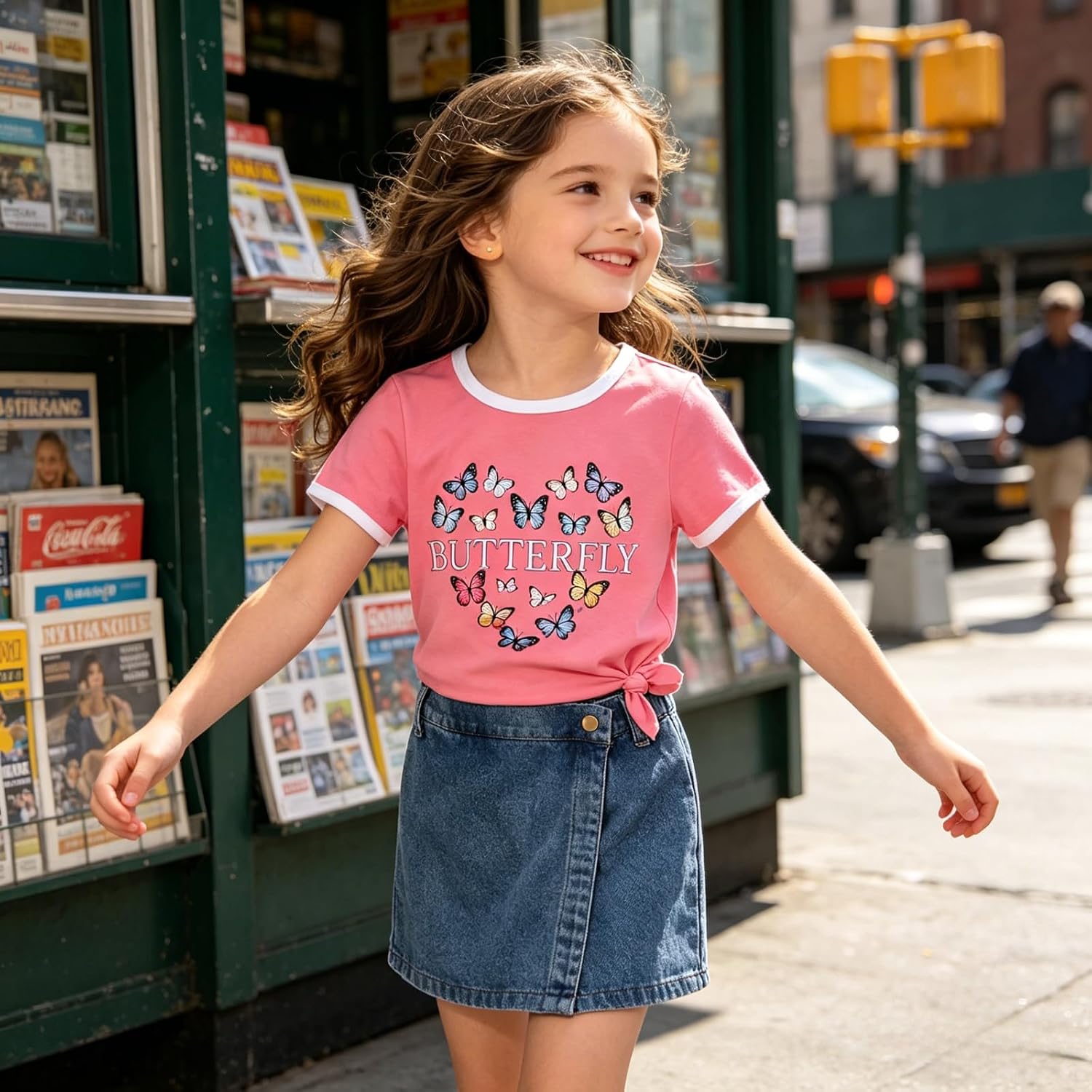 Girls Summer Clothes Butterfly Print Short Sleeve Tops and Denim Skirt Shorts Set Cute Outfits for Kids Girls 5-12Y