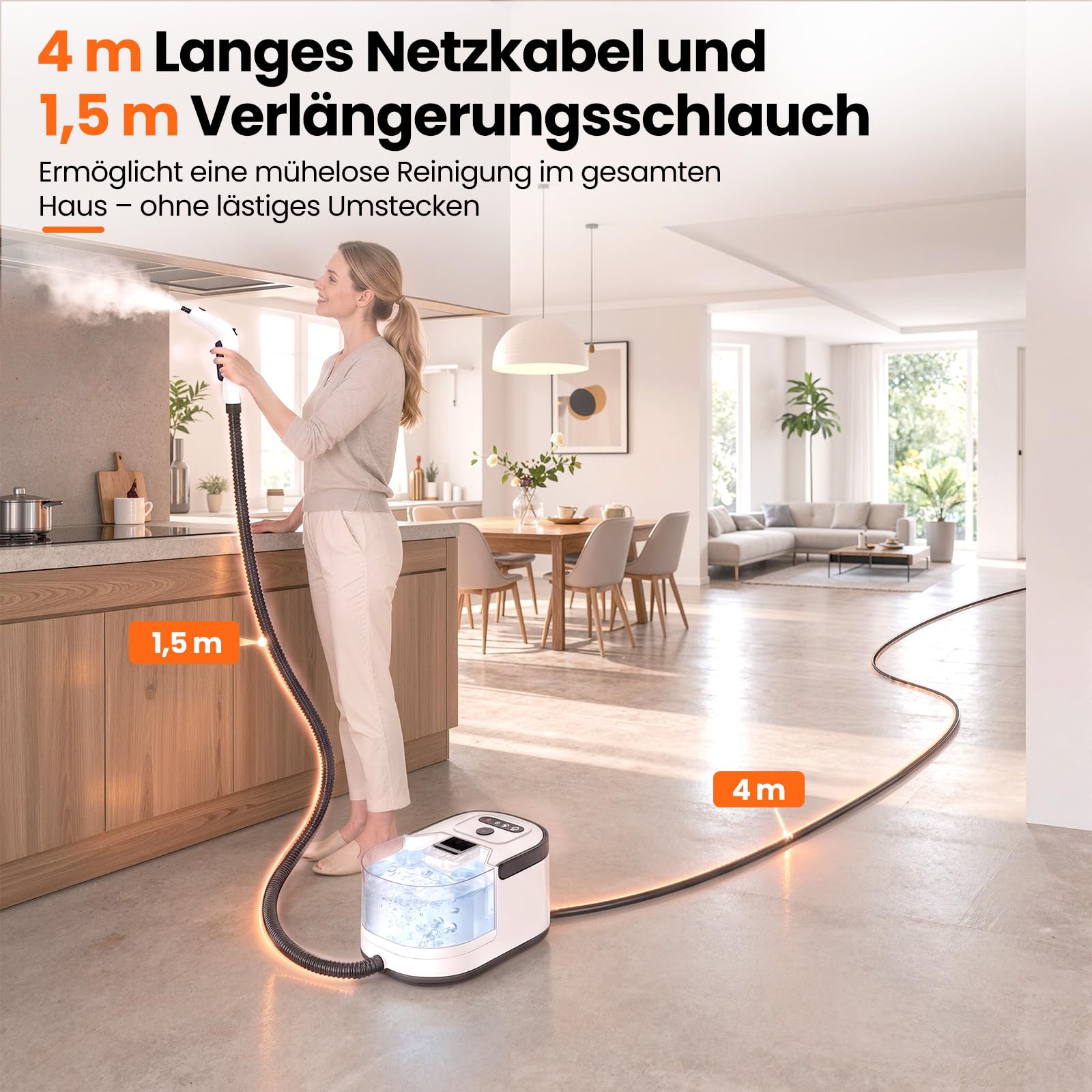 3-Stufig Dampfreiniger Handgerät,20 Sekunden Aufheizzeit und 1,6L Abnehmbarer Großer Tank, 2500W Hochleistungs-Dampfreiniger für Boden, Küche, Fenster, Bad, Auto, Ölentfernung