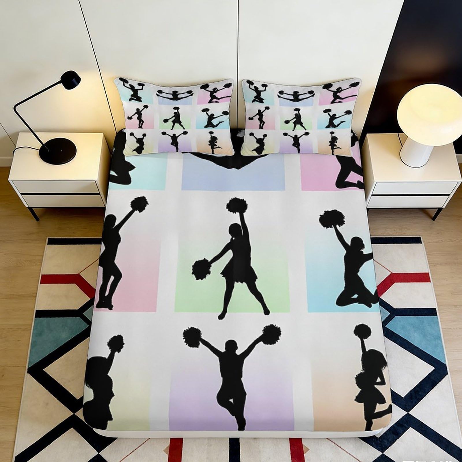 3D Printed Cheerleader Silhouette Fitted Sheet Microfiber Pastel Color Mattress Cover for Bedroom Dorm Decor 90x200x25cm