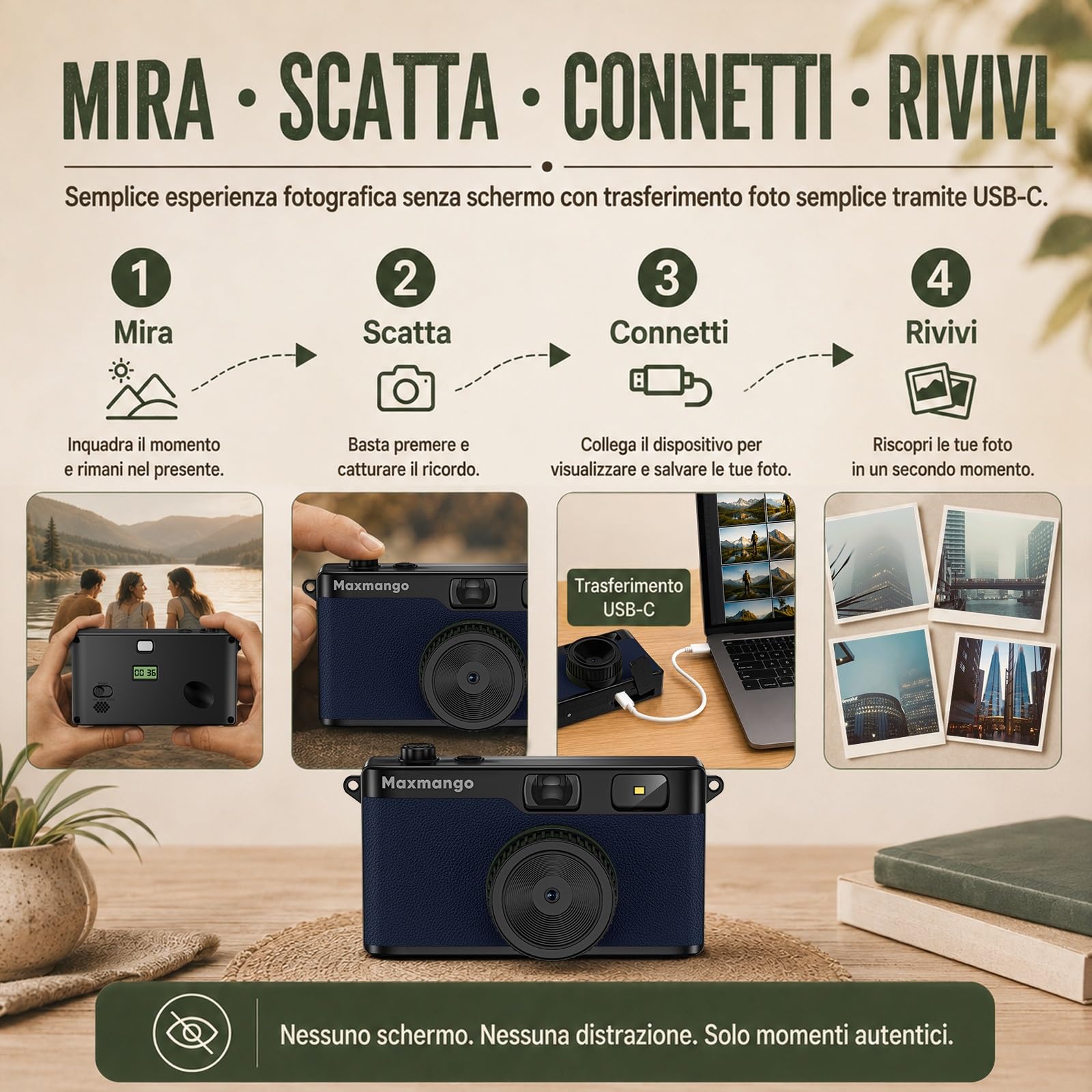 Maxmango D53 Fotocamera Digitale Compatta Senza Schermo, Fotocamera Vintage Retro 12 MP Catturare Momenti Reali, Filtri DIY Scaricabili, USB-C, Scheda SD da 8 GB Inclusa, Fino a 4000 Foto (Blu)