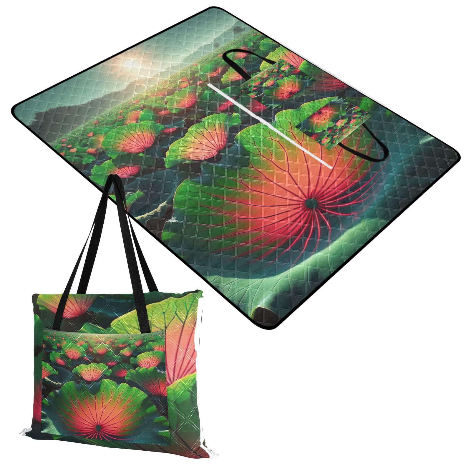 ODAWA Lotos przenośny koc piknikowy łatwy do przenoszenia kompaktowa torba na zakupy koce na zewnątrz koc piknikowy, 203 cm x 299 cm