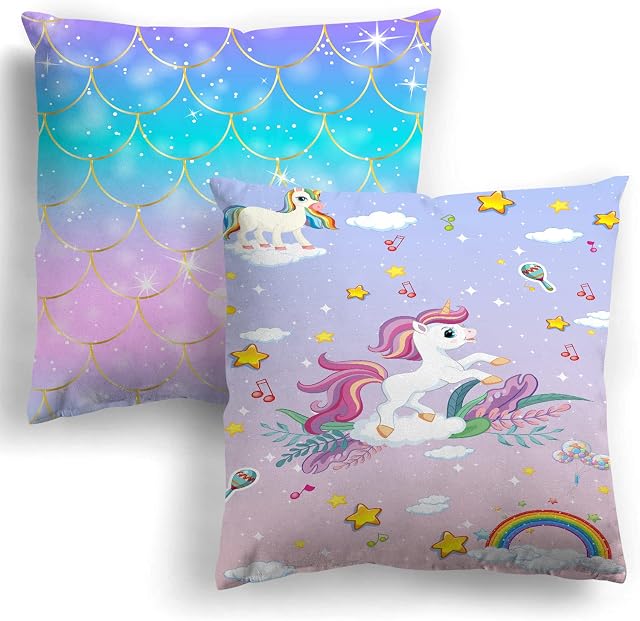 MUSOLEI Pack of 2 Pink Blue Unicorn Mermaid Plush Pillow 45*45cm Cushion Cover Pillowcase Pretty Unicorn Mermaid Pillow Cover for kids Decorative Throw Pillow Cases for Bed Home Decor