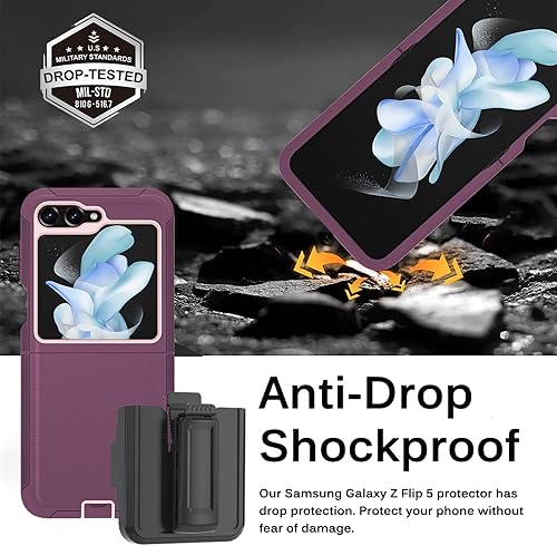 Miniatura 5 de Miimall Funda compatible con Samsung Z Flip 5 con funda de clip para cinturón, protección multicapa a prueba de golpes soporte de anillo giratorio