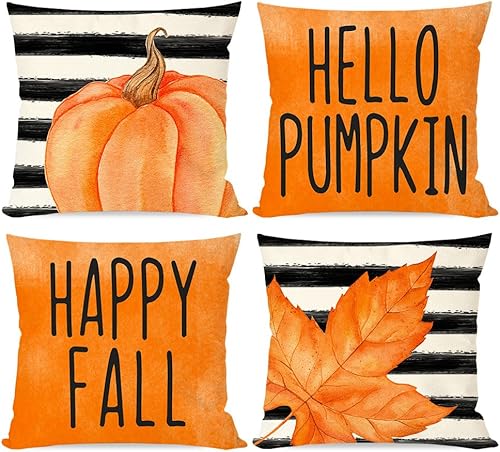 PANDICORN Juego de 4 fundas de almohada decorativas de otoño a rayas negras de 12 x 20 pulgadas, diseño de hojas de calabaza de Hola, granja, otoño,
