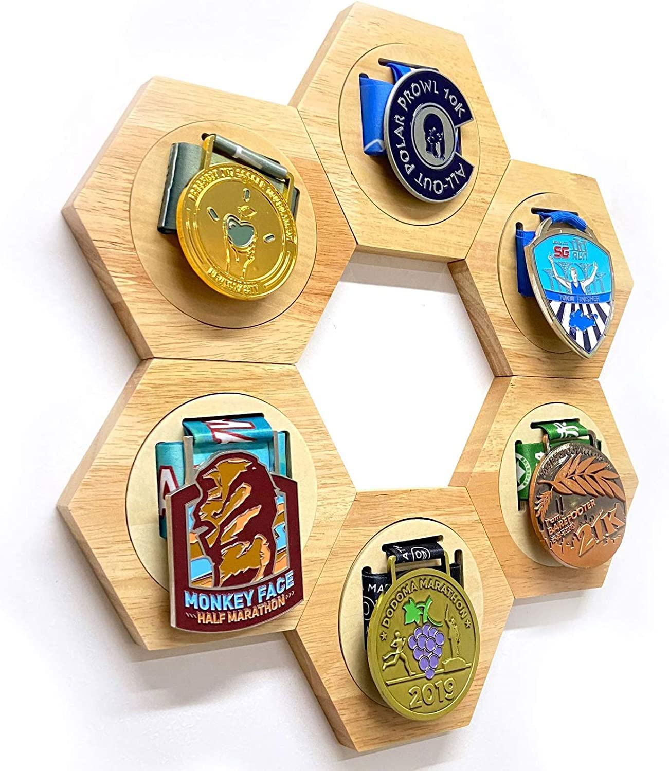 WANGZHENG Photo Frames Picture Frame Honeycomb Combination Medal Stand Wooden Hexagonal Medal Display Free Punch, Wood Color||6Pack (137.6 * 120 * 15mm)