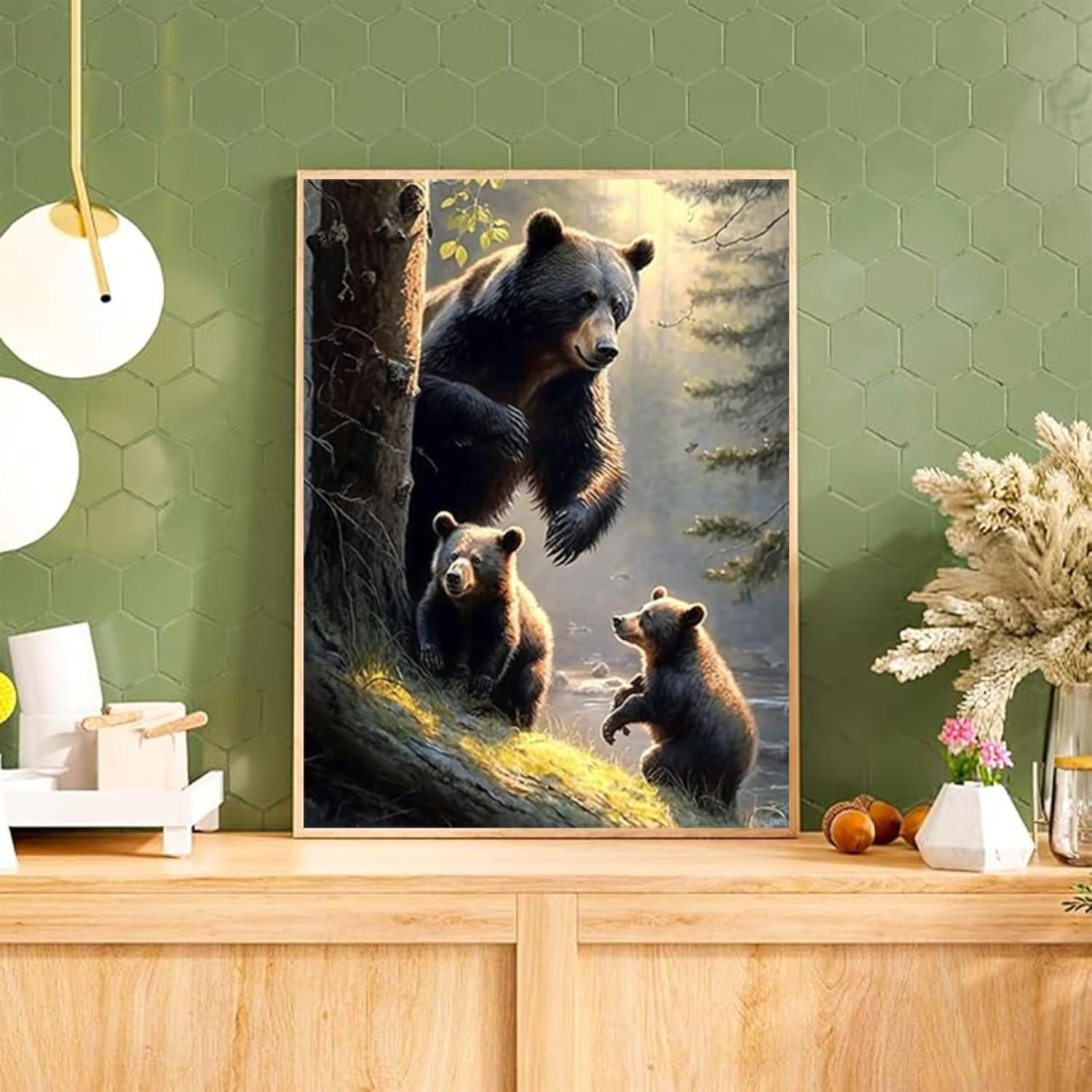 5D DIY Diamond Painting Kits, Black Bear Family Diamond Painting, Enjoy Family Time Home Decor, Full Diamond Aesthetic Round Craft Art Painting Set, for Room Decor 12x16 Inch
