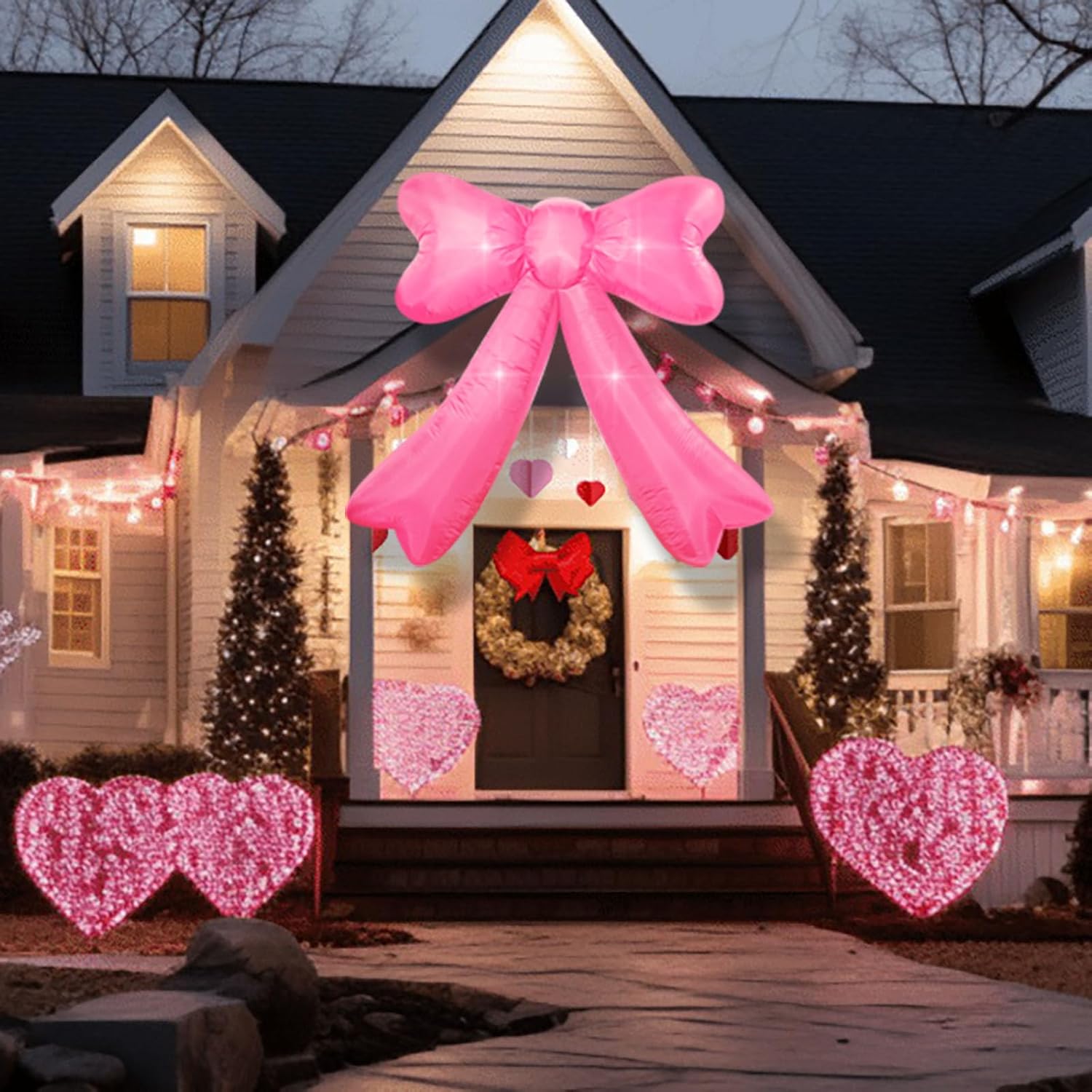 Mother's Day,Birthday,Valentine's Day,Wedding Inflatables Pink Bow Lighted Yard Lawn Inflatable Decoration with Built-in Fan and Ropes Holiday Party Decor, Valentine‘s Day Decor (7FT-Pink Bow)