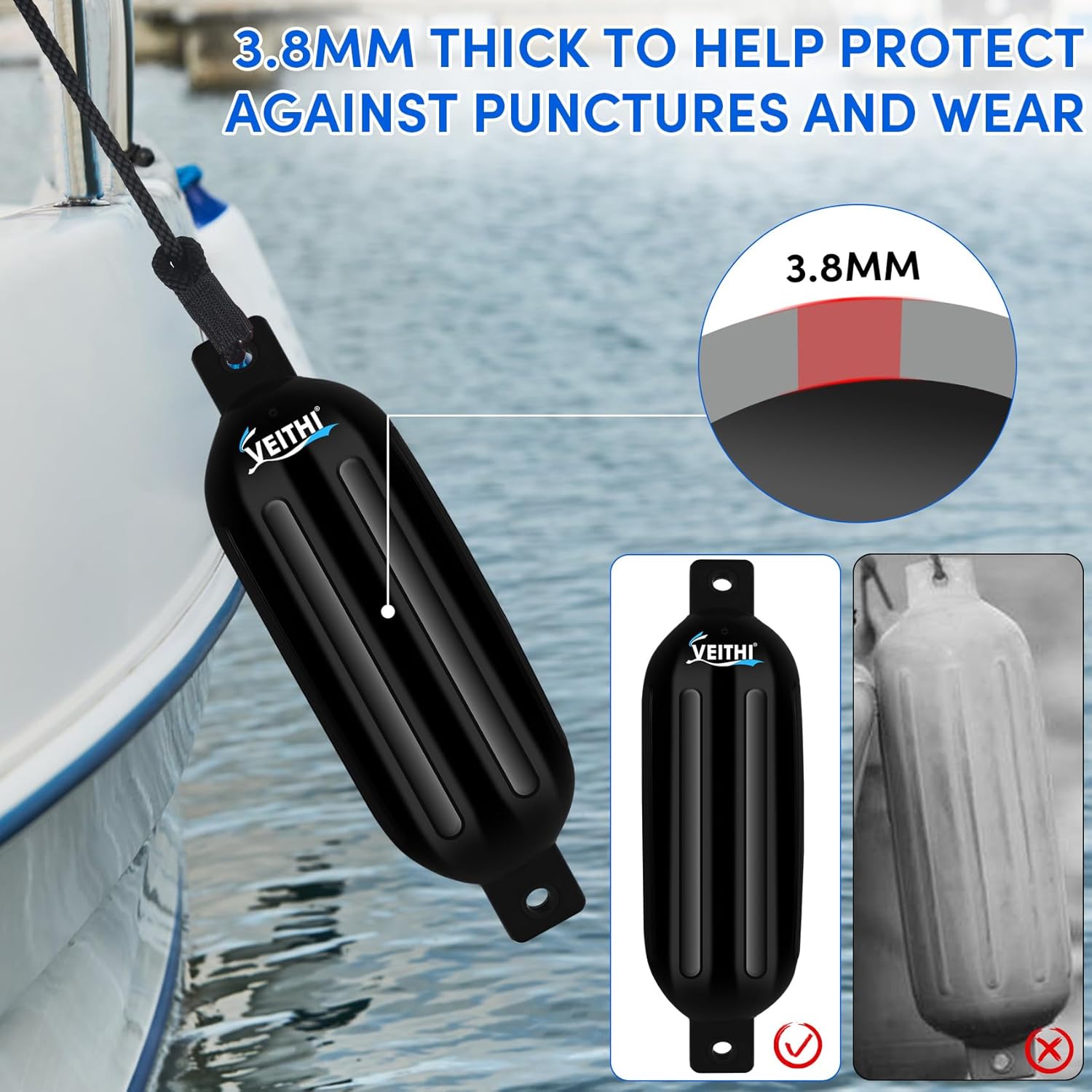 4.5/5.5/6.5/8.5/10/16 inch Boat Fenders 4 Pack,Ribbed Twin Eyes Vinyl Boat Bumpers Fenders,Boat Bumpers for Docking Come with Ropes Needles and Pump to Inflate