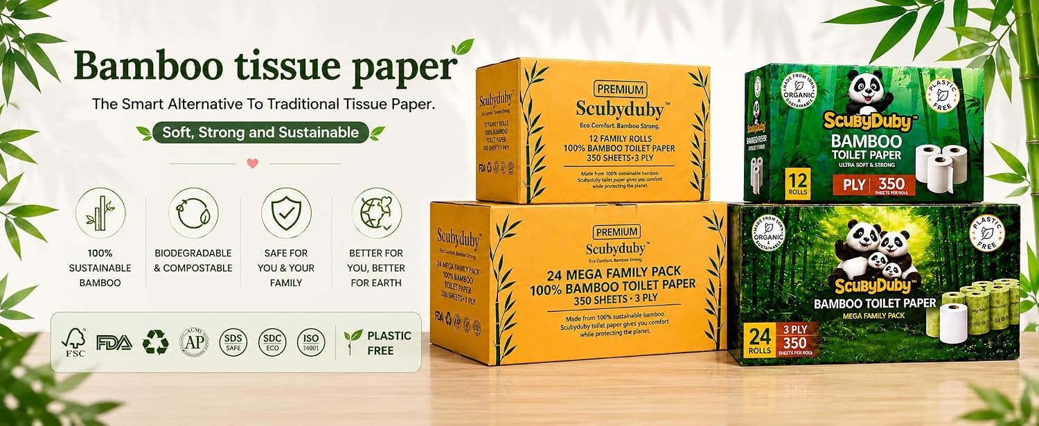 Premium & Soft Bamboo Toilet Paper | PFAS Free | 24 Mega Rolls, 3 ply & 350 Sheets | Non Toxic, Septic Safe, BPA Free | Tree Free Toilet Tissue | Plastic Free Packaging