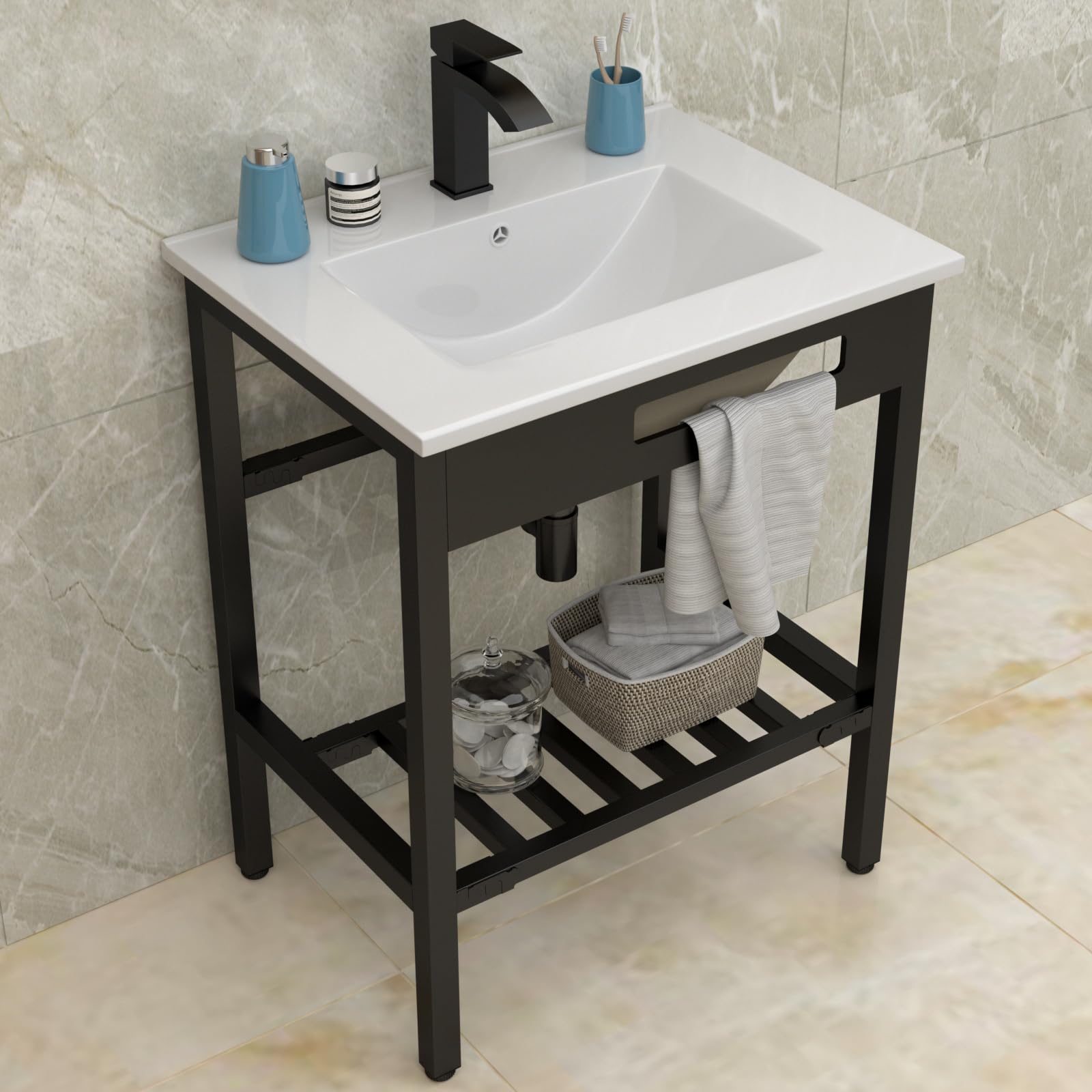 Lordear Freestanding Bathroom Console Sink 24 x 18 Inch White Ceramic Porcelain Vessel Sink Console Vanity Sink Set with Bracket Free-standing Utility Sinks for Outdoor Indoor Use