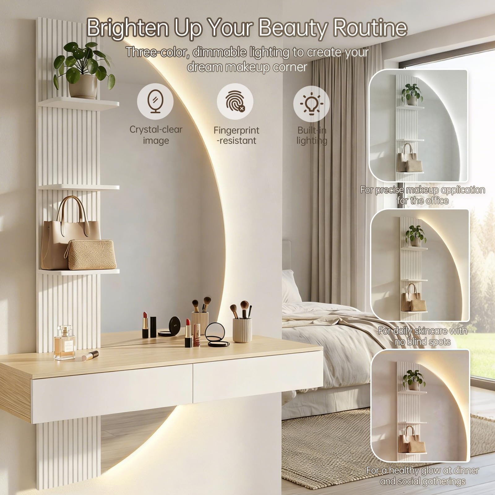 TRIUMPHKEY Tocador de Pared con Espejo en Forma de Media Luna, Mesa de Maquillaje Flotante con Luces LED Regulables, 2 Cajones y 3 Estantes, Ahorra Espacio para Dormitorio (Blanco)