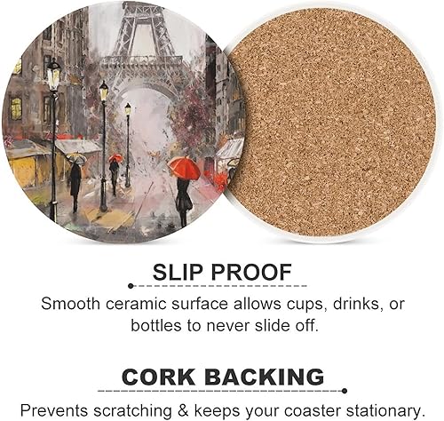 Vista 5 de París - Juego de 4 posavasos para bebidas, 4 pulgadas, románticos, estilo francés, torre Eiffel, absorbentes, de cerámica de diatomita, para mesa