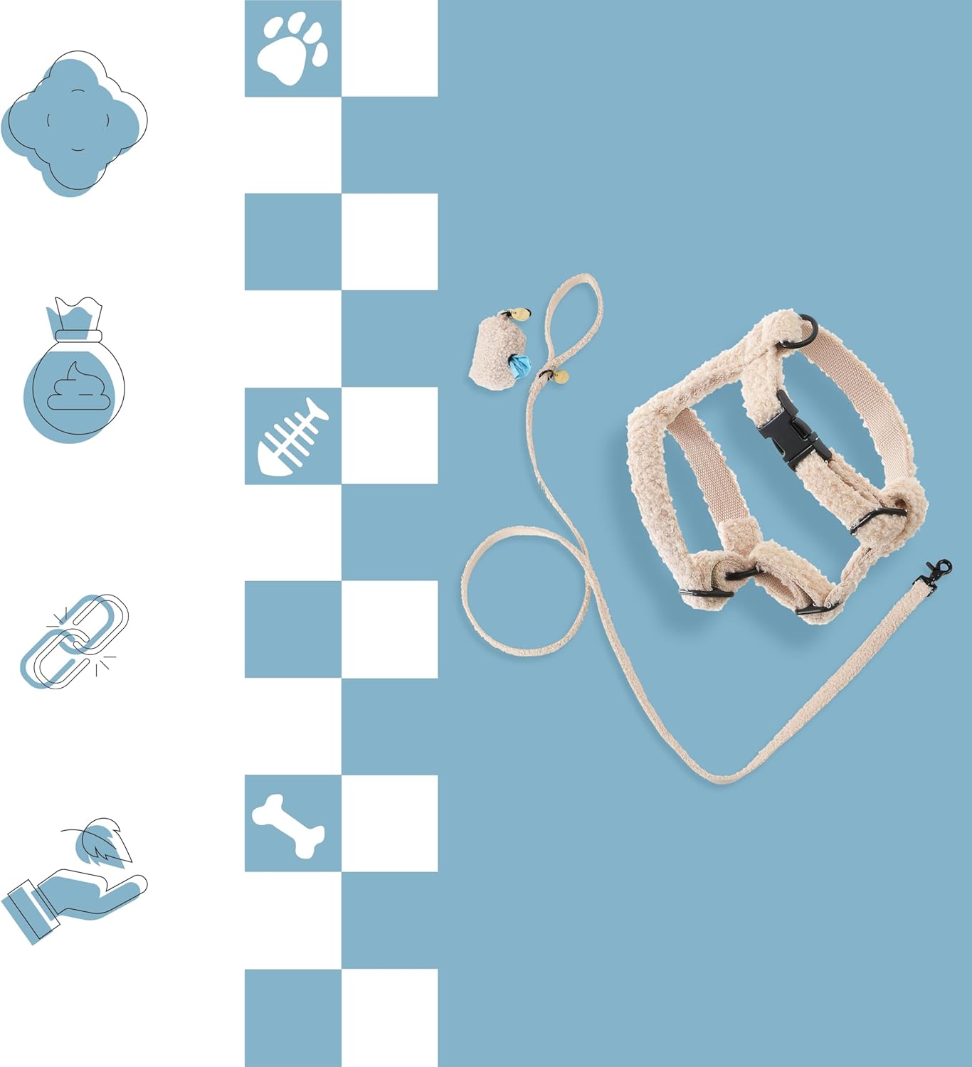 WLK1000A-4SET Teddy Extra Small Bouclé Adjustable H Harness and Leash Walk Set with Poop Bag Pouch, Camel