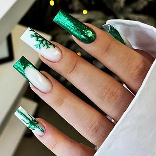 Sparkly Snowflake Press-On False Nails - Green French Tips, 24Pcs Long Square Glossy Green Glitter Acrylic Nails - Xmas Gel Glue Tie Bow Glitter Shine Line Stick On Nail Set for New Year Gift