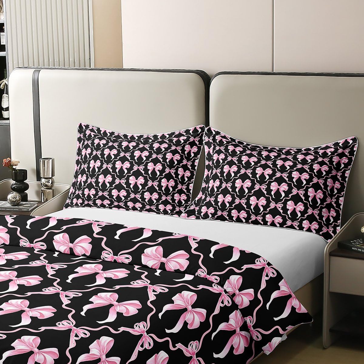 Erosebridal 100% Cotton Pink Black Bow Queen Comforter Cover for Teen Girl - Preppy Cute Bow Duvet Cover Girly Coquette Bows Bedding Set Trendy Modern Aesthetic Teen Girl Bed Set