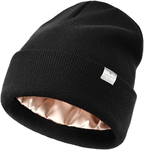 YANIBEST - Gorro de punto con forro de satén para mujer, gorro de invierno acrílico para mujeres y hombres, gorro con forro de seda, suave, holgado,