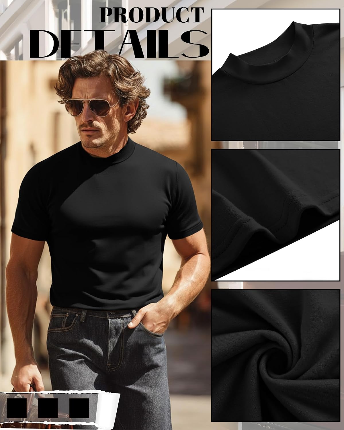 Riyiper 3 Pack Big and Tall Men's Mock Turtleneck Shirt Short Sleeve Cotton Basic Tops Slim Fit Casual Undershirt Tops