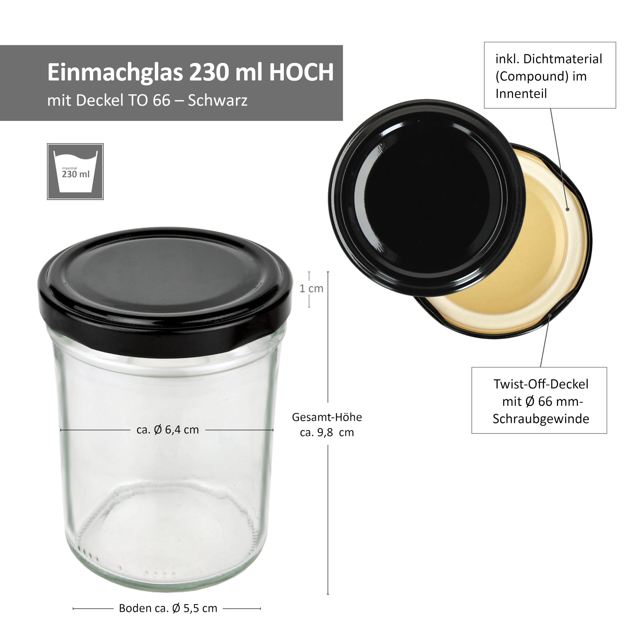 MamboCat Set 50 pots hauts Contenu 230 ml avec couvercle noir To 66, livre de recettes inclus Diamant Gelierzauber Idéal comme pot de confiture ou de conserve