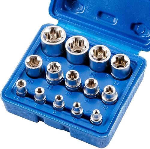 Vista 7 de Hembra E Torx Socket Set 3/8 1/2 1/4 Drive E4 - E24 Torque Externo Star Socket Kit 14pcs