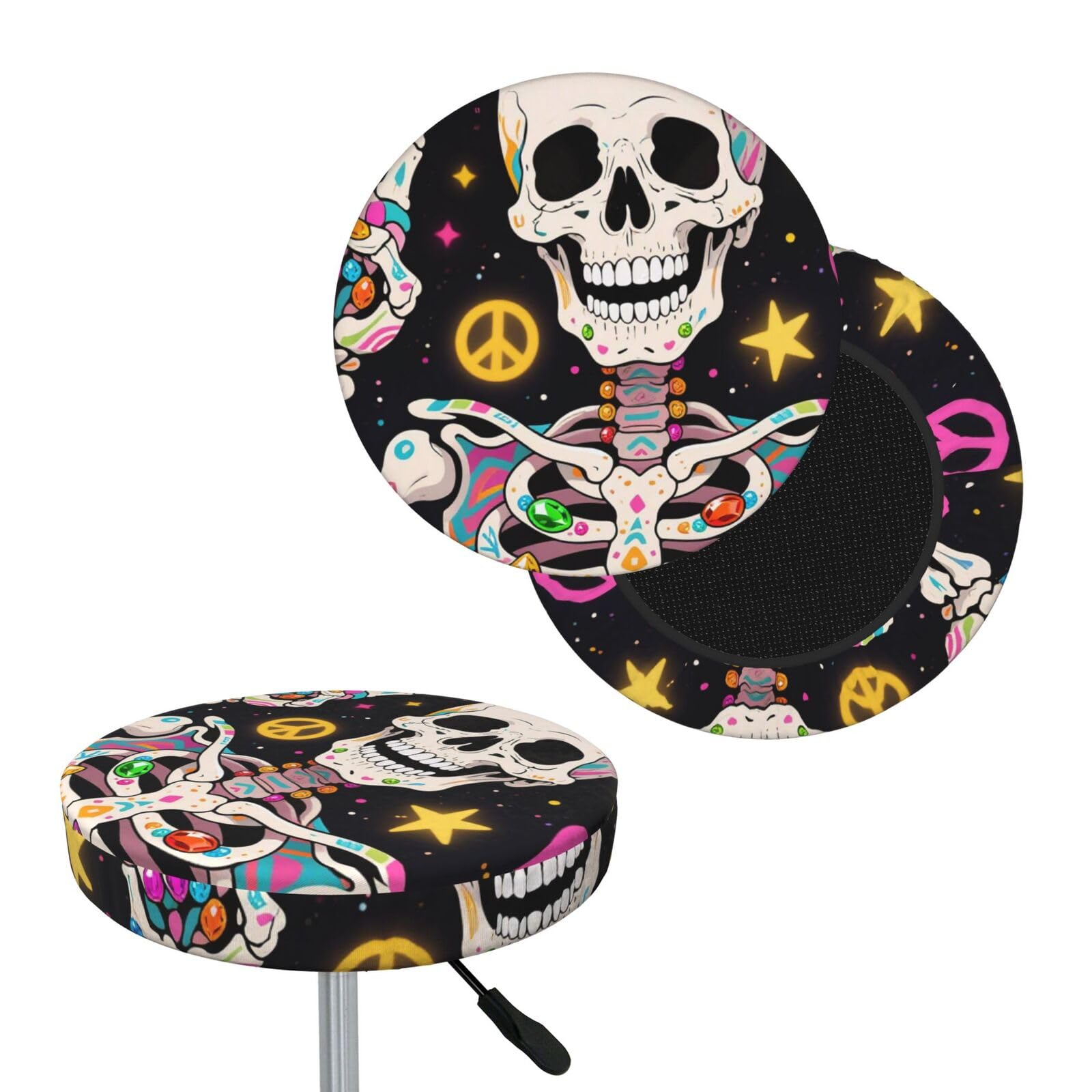 FekiLoot Hippie Skull Round Bar Stool Covers Stretch Washable Bar Stool Covers Dustproof Slipcover Bar Chair Covers with Elastic Band for Bar Kitchen Living Room Decor 12 Inch