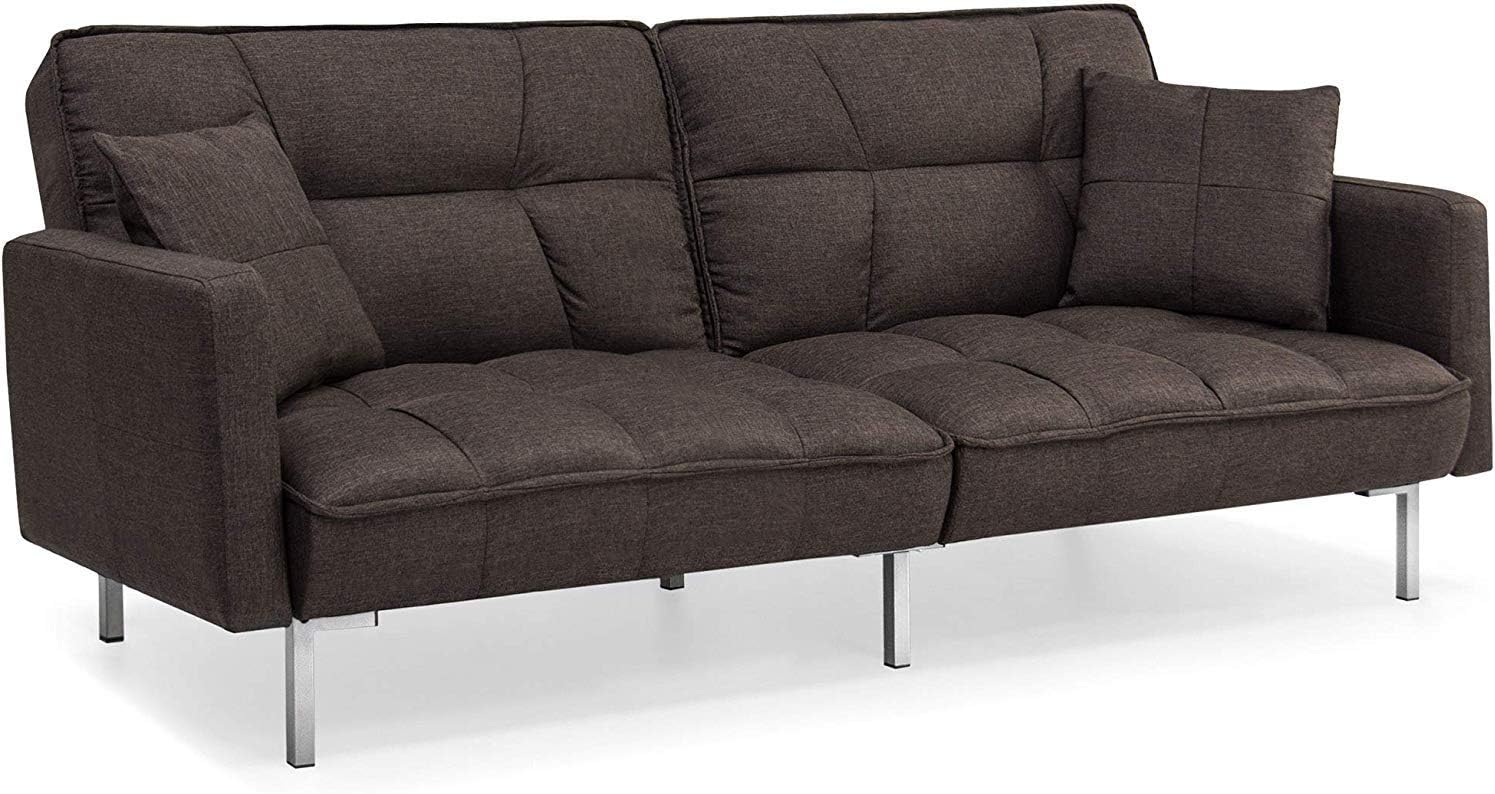 Best Choice Products Linen Upholstered Tufted Convertible Splitback Sleeper Futon w/Pillows, Brown