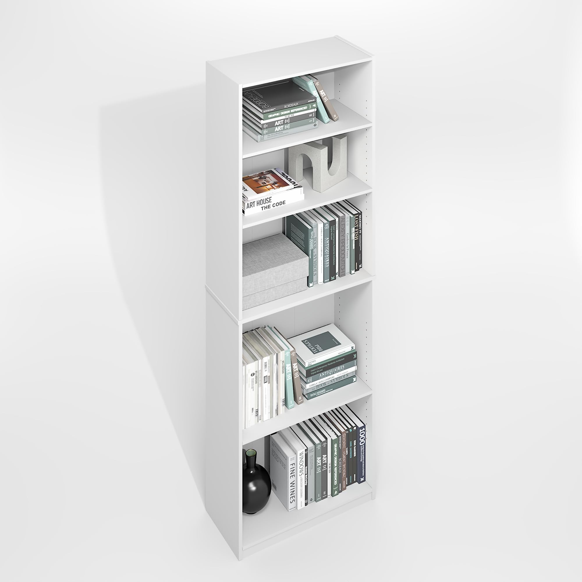 Furinno Jaya Simply Book Shelf, 5-Tier Bookshelf, Bookcase with Adjustable Shelves, 9.5 x 24.5 x 71.2, for Living Room, Bedroom, Home Office, Plain White