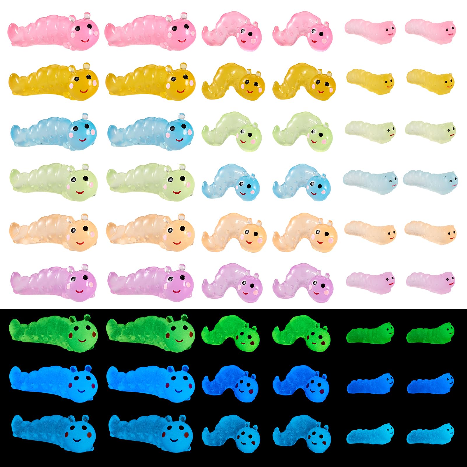 Boutigem 36Pcs Glow in The Dark Worm Figurines Luminous Worm Charms Mini Resin Caterpillar Animals Ornament for Garden Micro Landscape Aquarium Flowerpot Dollhouse Decoration Decor