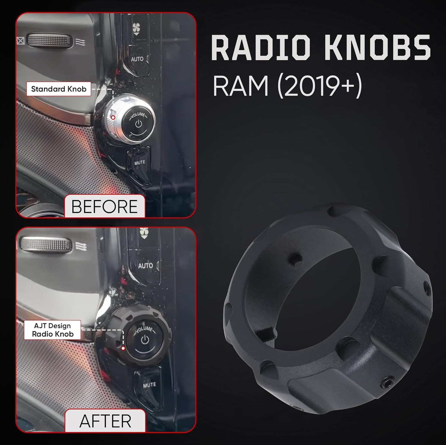 AJT DESIGN Radio Knobs Compatible with 2019–2025 RAM Trucks (12.0" Touchscreen Only) | CNC Aluminum Volume/Radio Knobs Replacement | Car Radio Interior Accessory | Easy Install, Matte Black - Set of 2