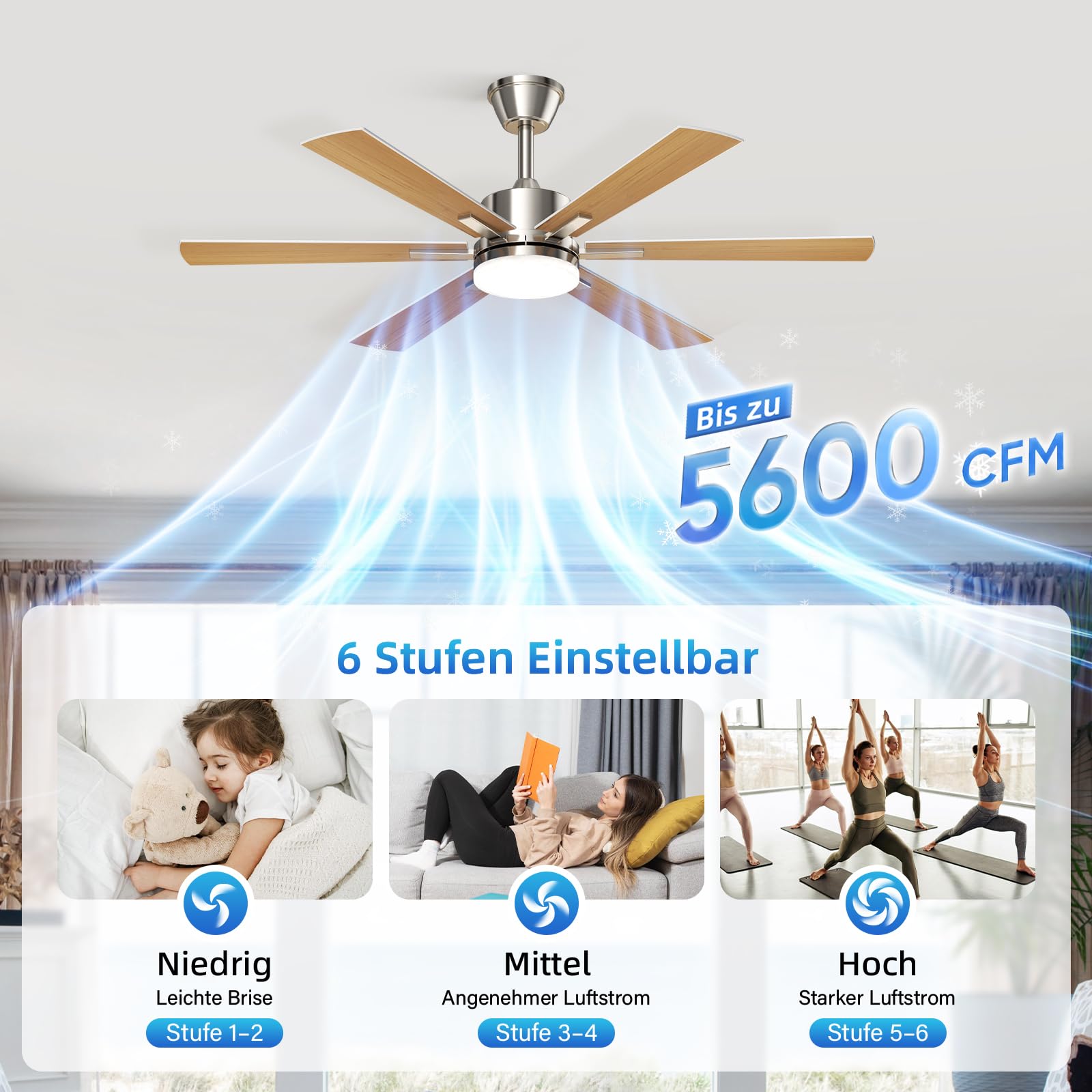 EppieBasic Ventilateur Plafond avec Lumiere Salon: 132 cm Ventilateur Plafond Moteur DC Silencieux avec Télécommande/Appli – 6 Vitesses, Design Moderne, 6 Pales Aspect Bois pour Chambre