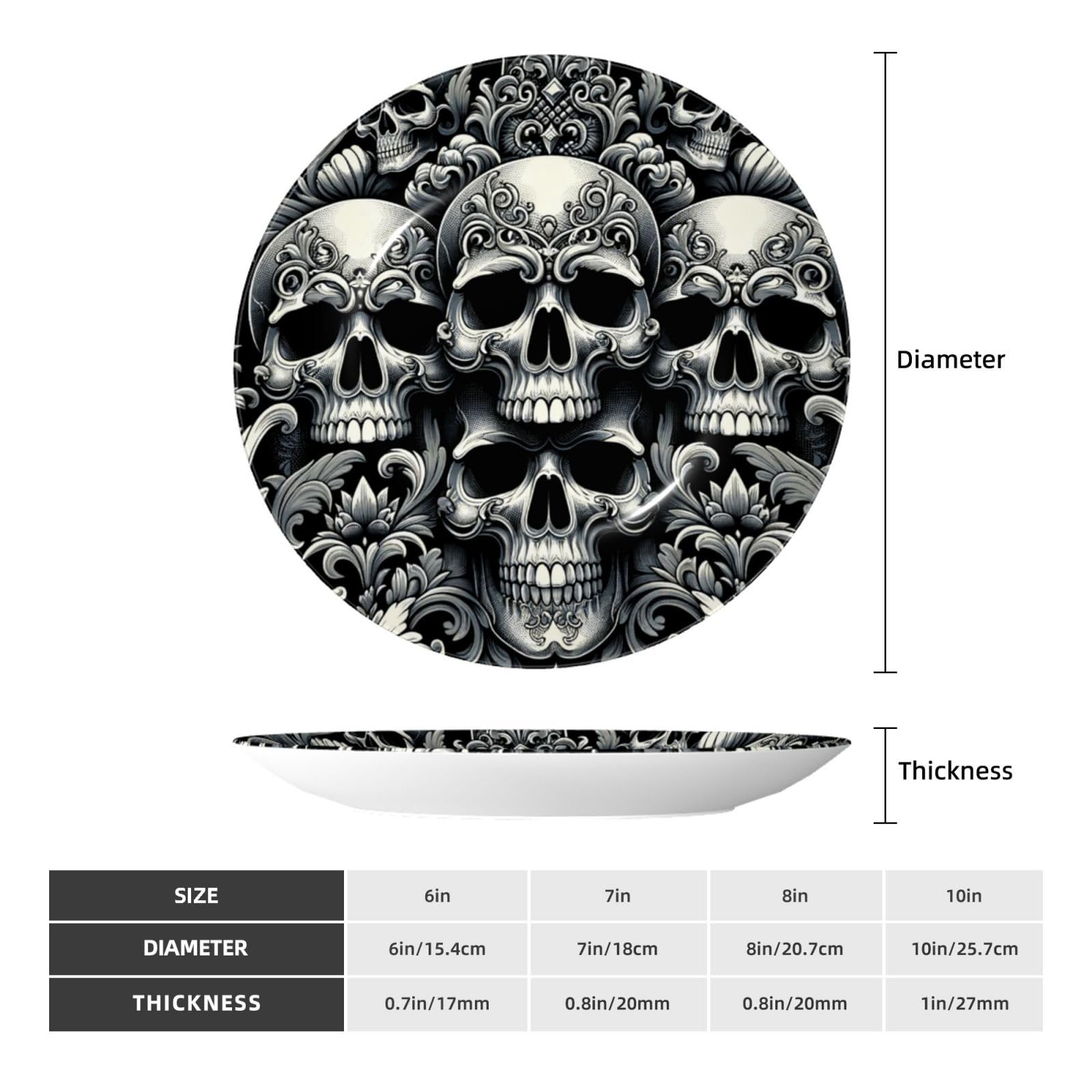 Dekorativer Teller mit Ständer, elegante Wandplatte, Barock-Skull-Schwarz, 25,4 cm