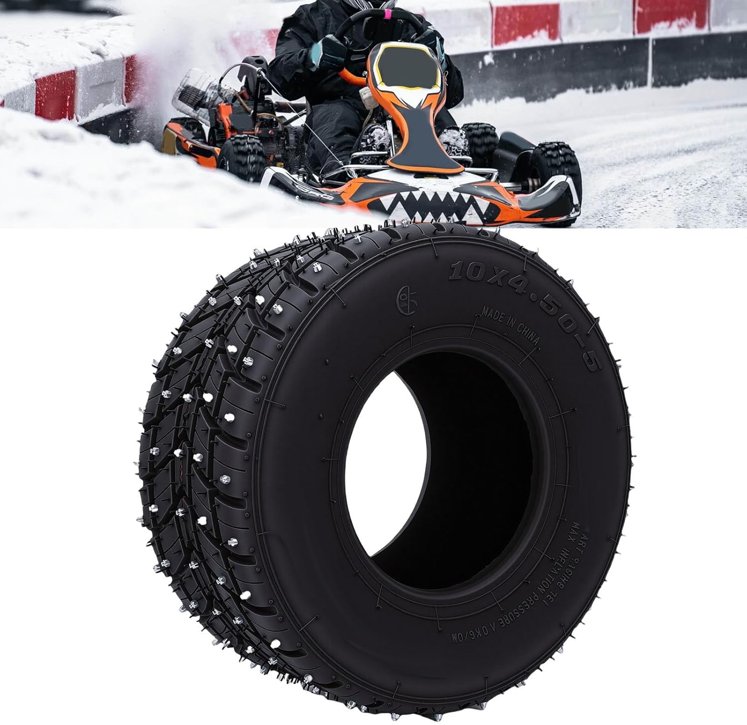 Luocute Go Kart Tubeless Tire, 10x4.50 5-Non Slip Front Wheel Tire with Anti Skid Spikes for Snow Off Road Drift Trikes Go Karts