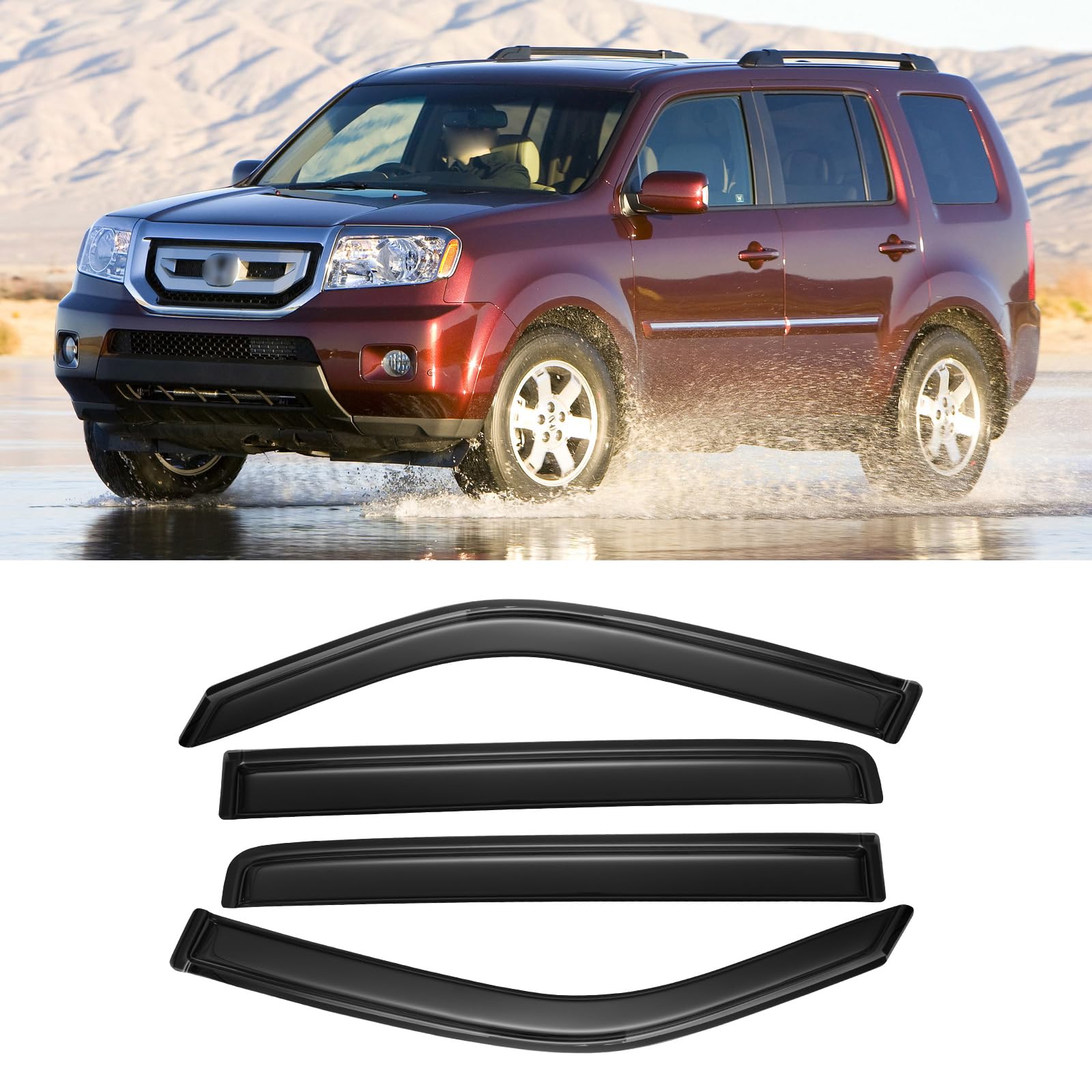 CMVT Auto Window Visors for 2009-2015 Honda Pilot, Rain Guards Shields Vent Deflector Shade Dark Smoke 2010 2011 2012 2013 2014, Tape-On, 4PCS