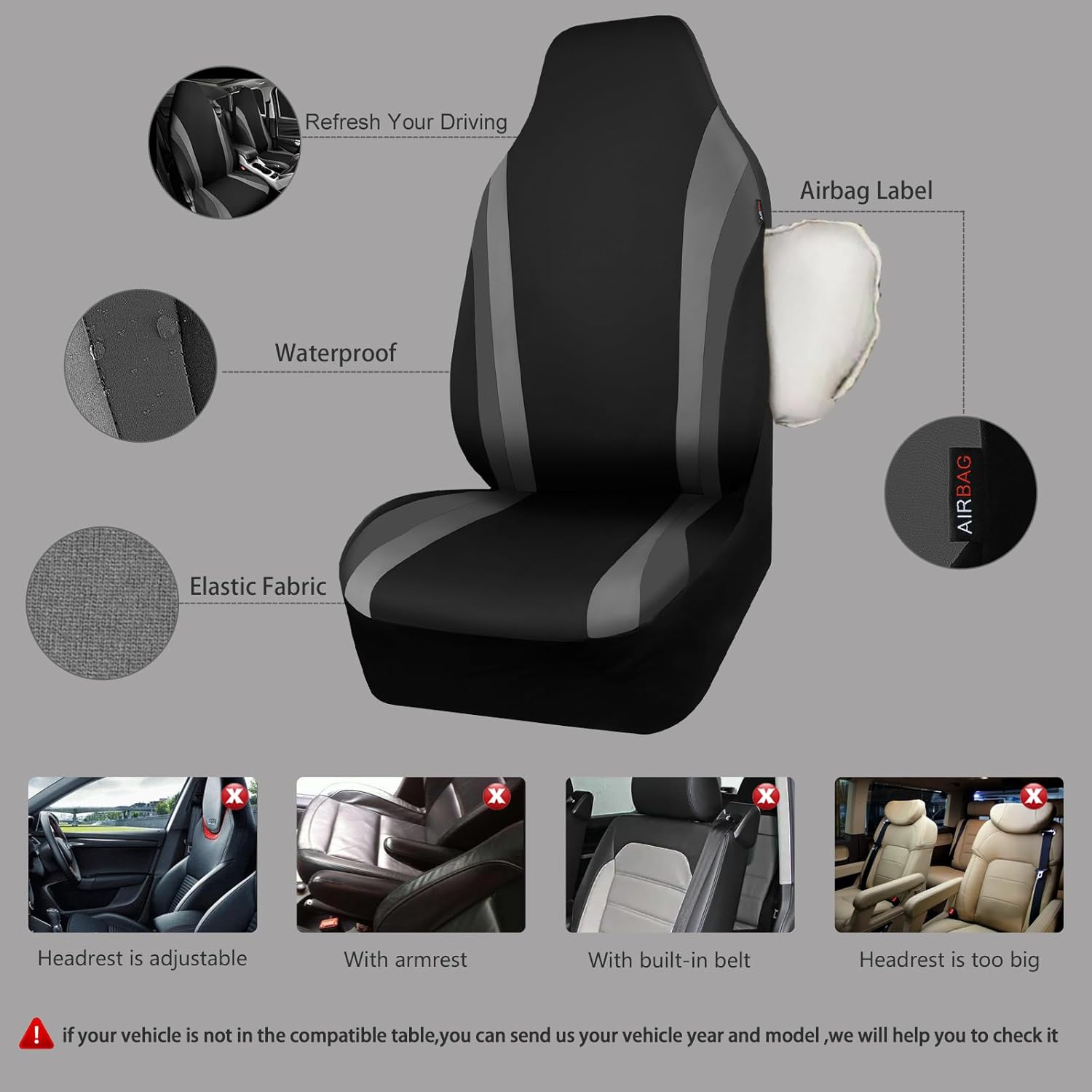 CAR PASS AquaShield Neoprene Waterproof Car Seat Covers for Front Seats Only, High Back Bucket Seat Cover,Airbag Compatible,Line Rider Seat Covers Universal Fit for Truck Van SUV (Black and Gray) image 3 of 6 B09YM91Y7N