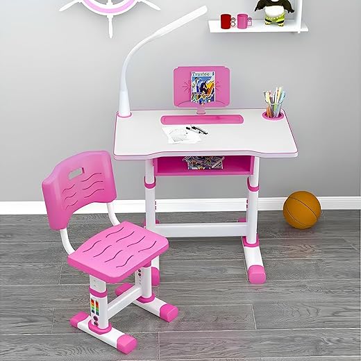 StarAndDaisy Kids Functional Desk and Chair Set, Height Adjustable Children School Study Table with, Bookholder Slot, LED Lamp, Storage for Boys Girls 4-12 Years. Doodle Board (UPG Blue) (K80-Pink)