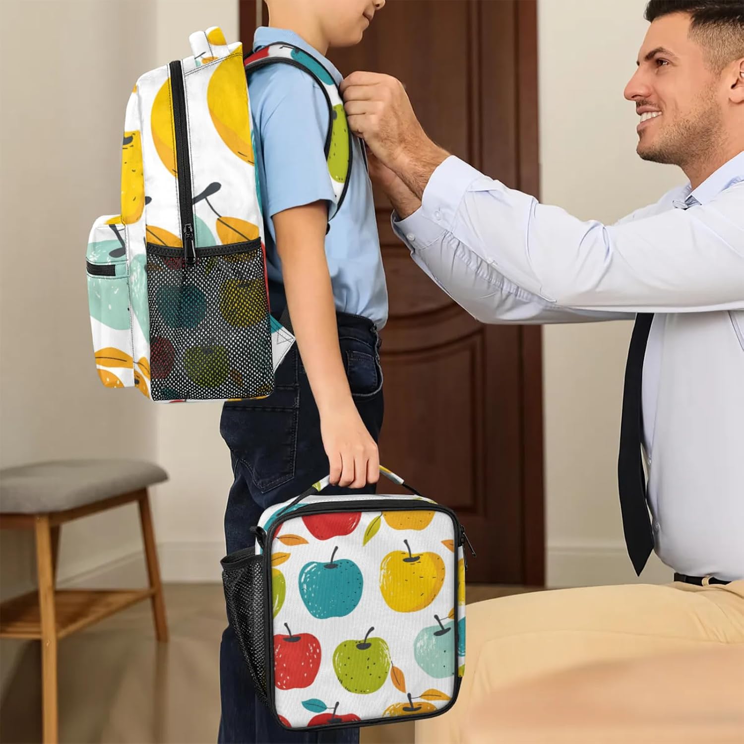 Colourful Apples Backpack Set, Backpack with Lunch Box Gifts Set for Women Men, Multifunction 2Pcs Laptop Travel Picnic Camping Backpack with Lunch Bag